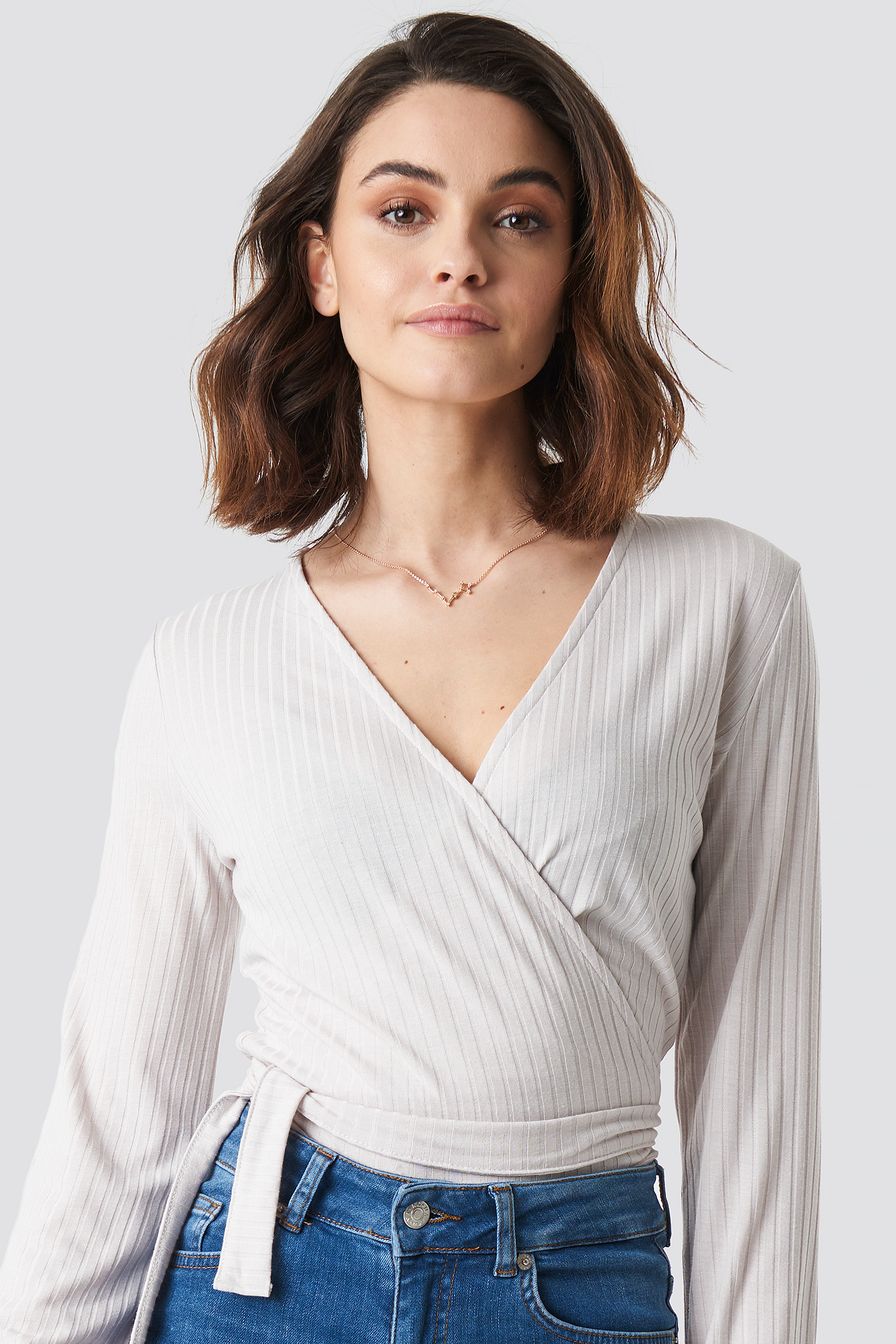 Ribbed Wrap Tie Top Beige