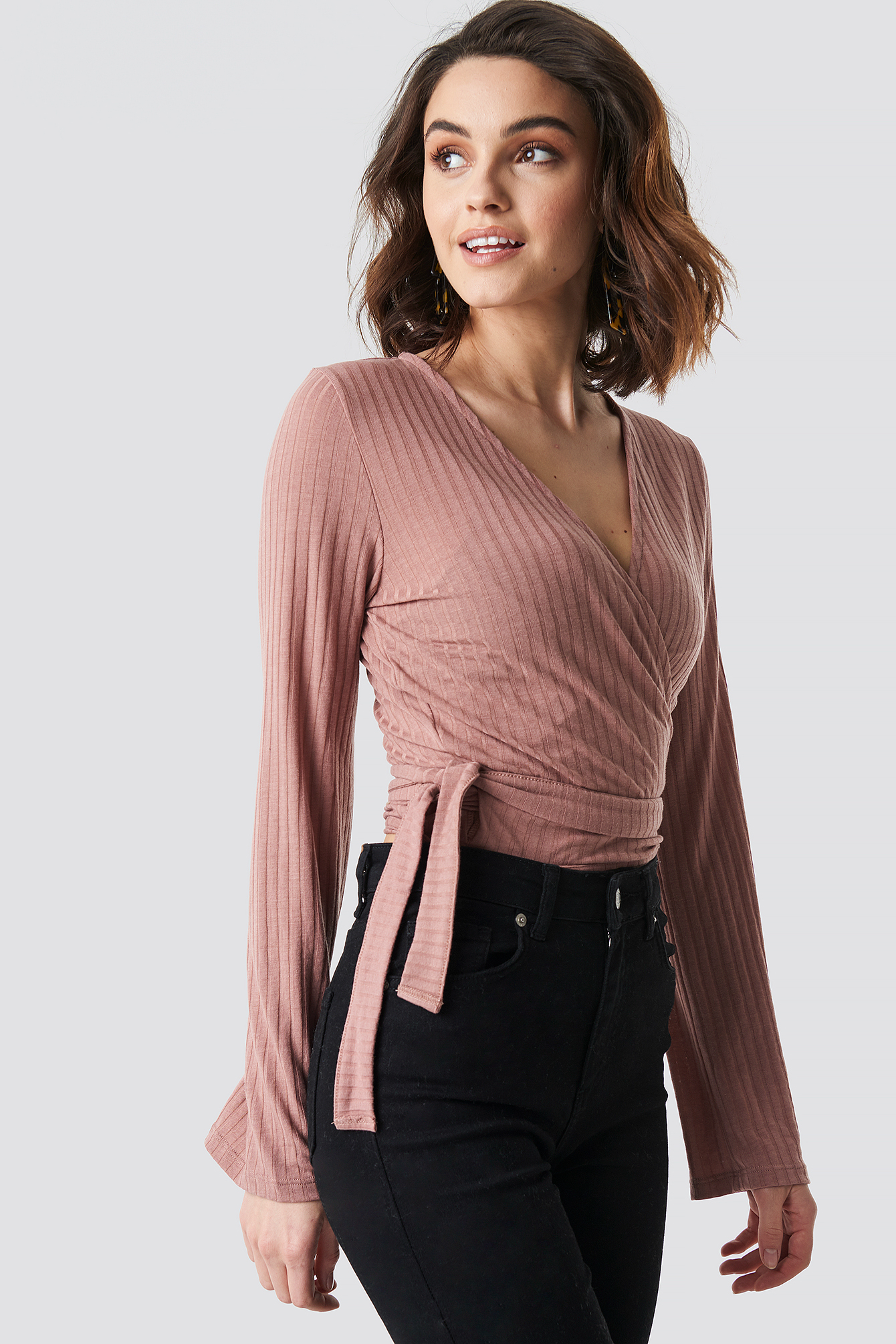 Ribbed Wrap Tie Top Dusty Dark Pink