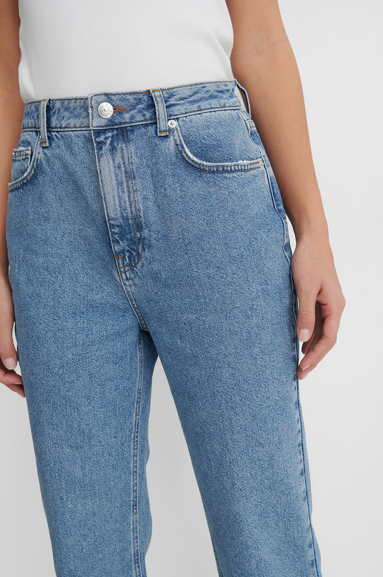 Mid Blue Organic Rigid High Waist Straight Cropped Jeans
