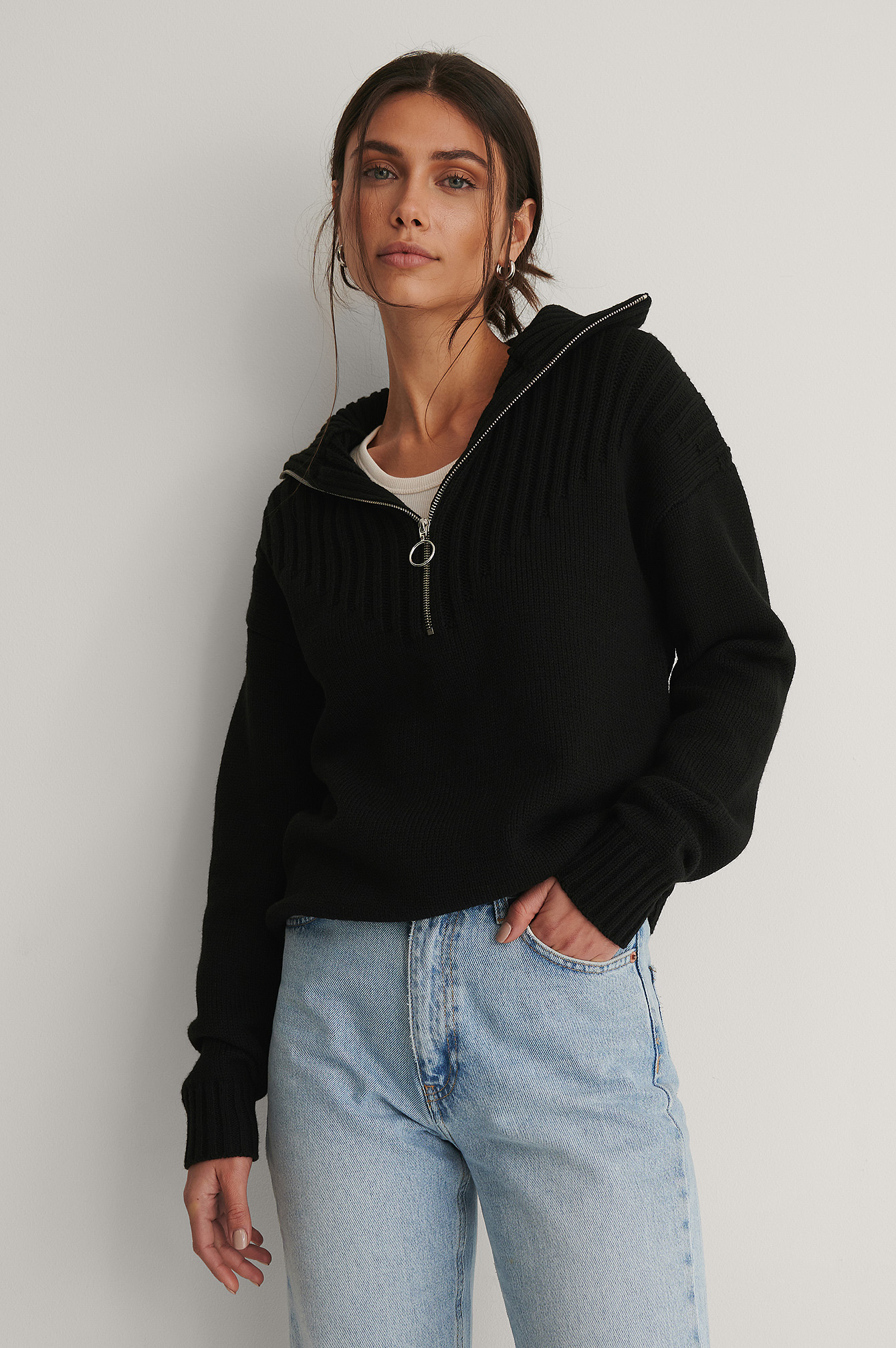 Recycled Rip Detail Zip Knitted Sweater 