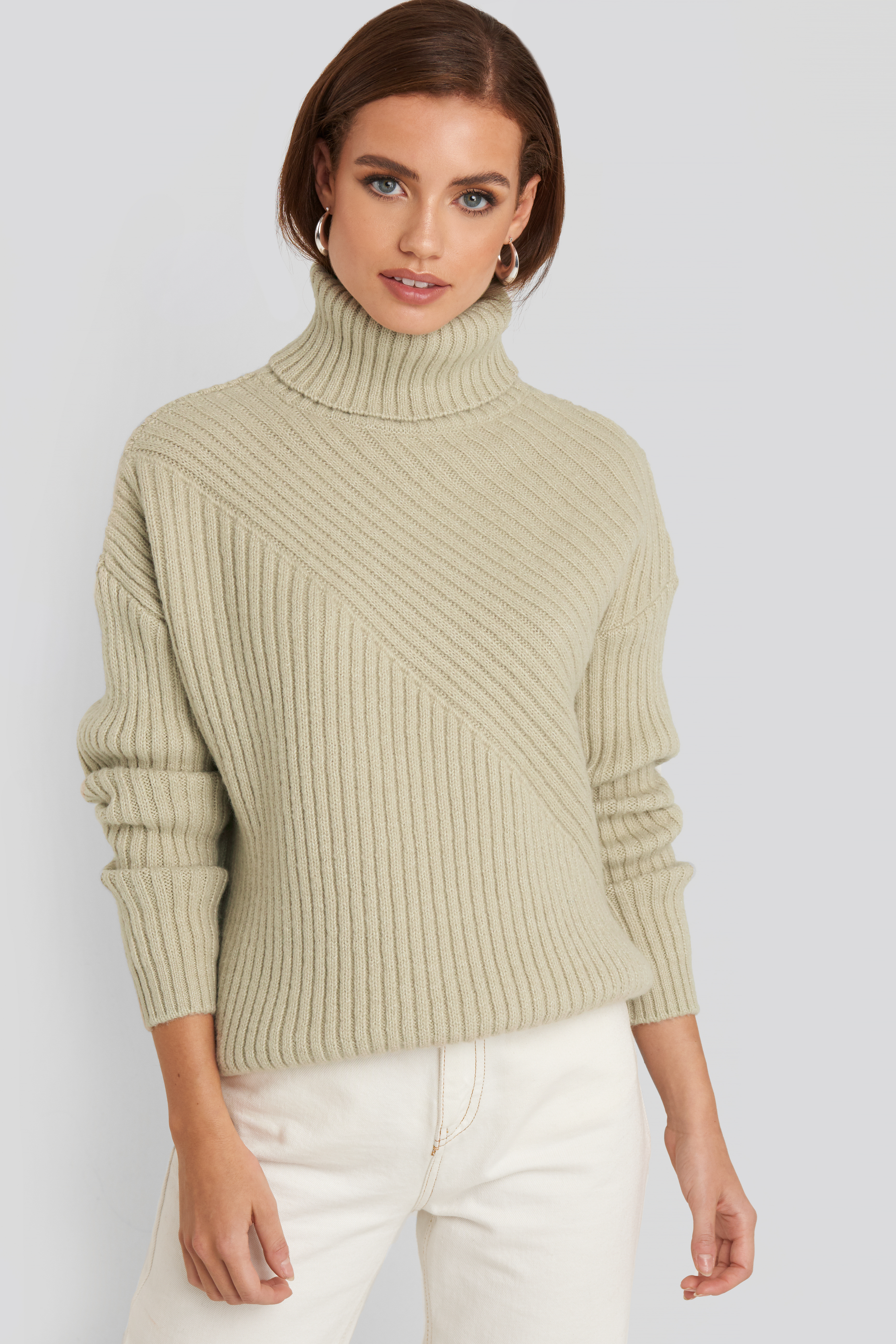 Roll Neck Asymmetric Rib Sweater Beige