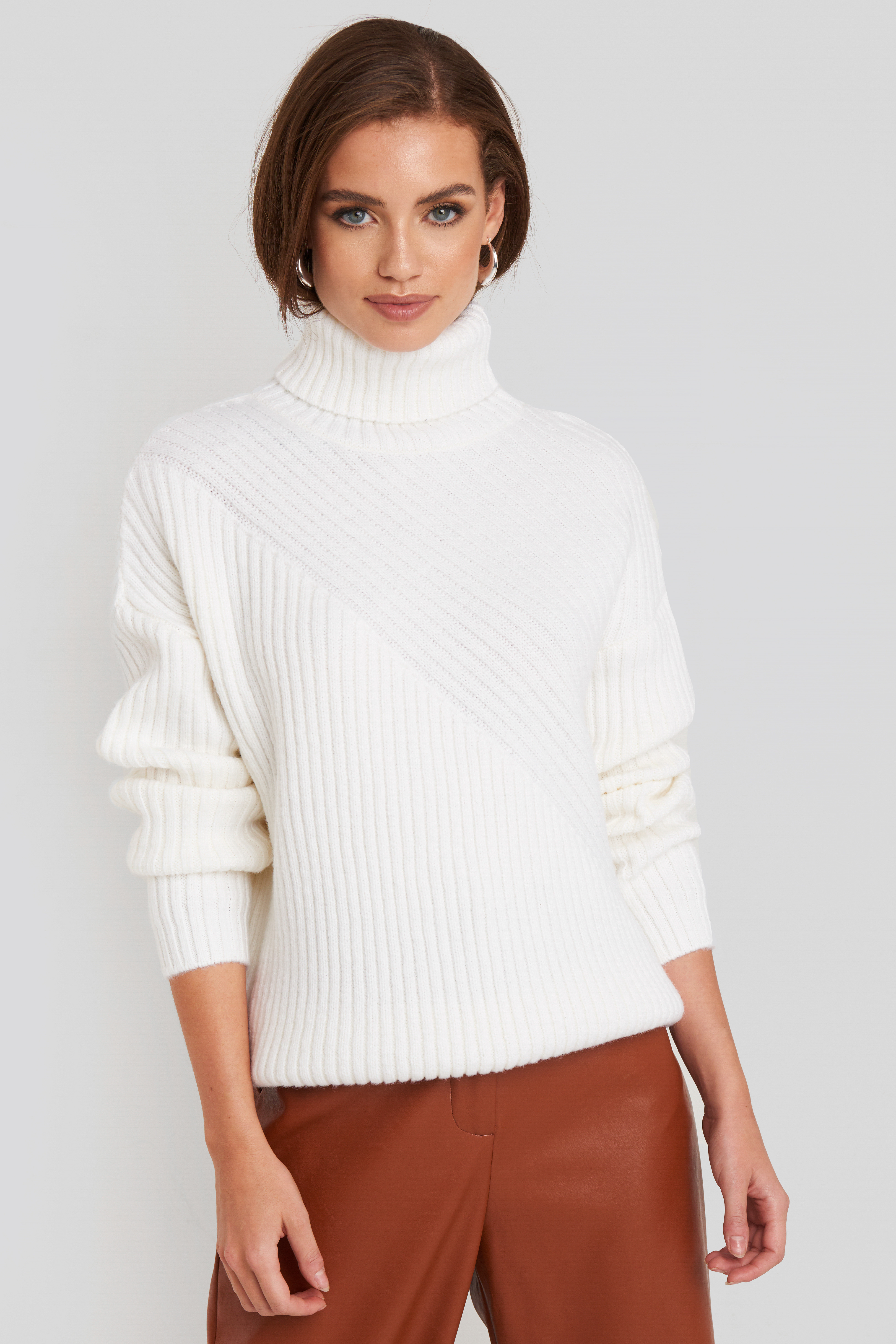Roll Neck Asymmetric Rib Sweater Off White