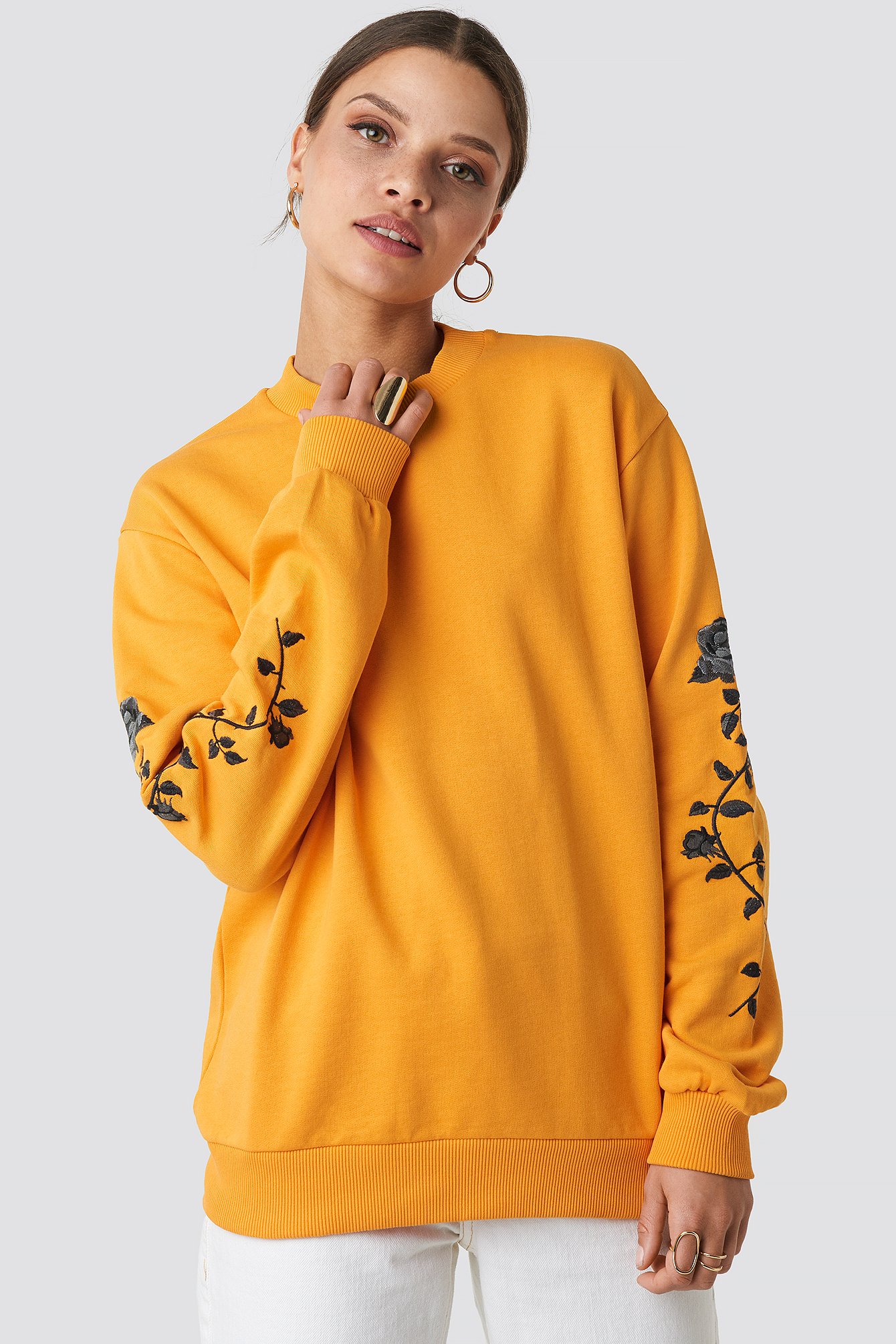 Orange NA-KD Rose Embroidery Sleeve Sweater