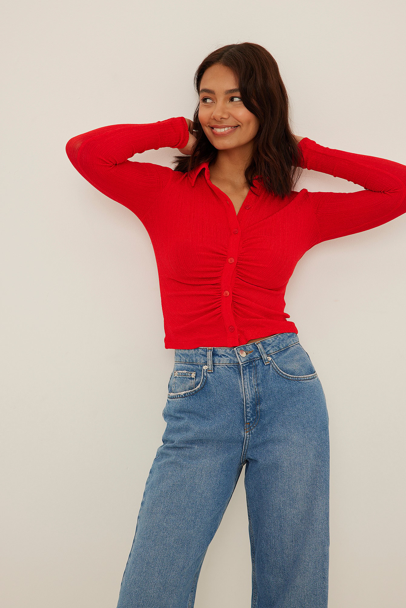 Red Rouched Detail Collar Top