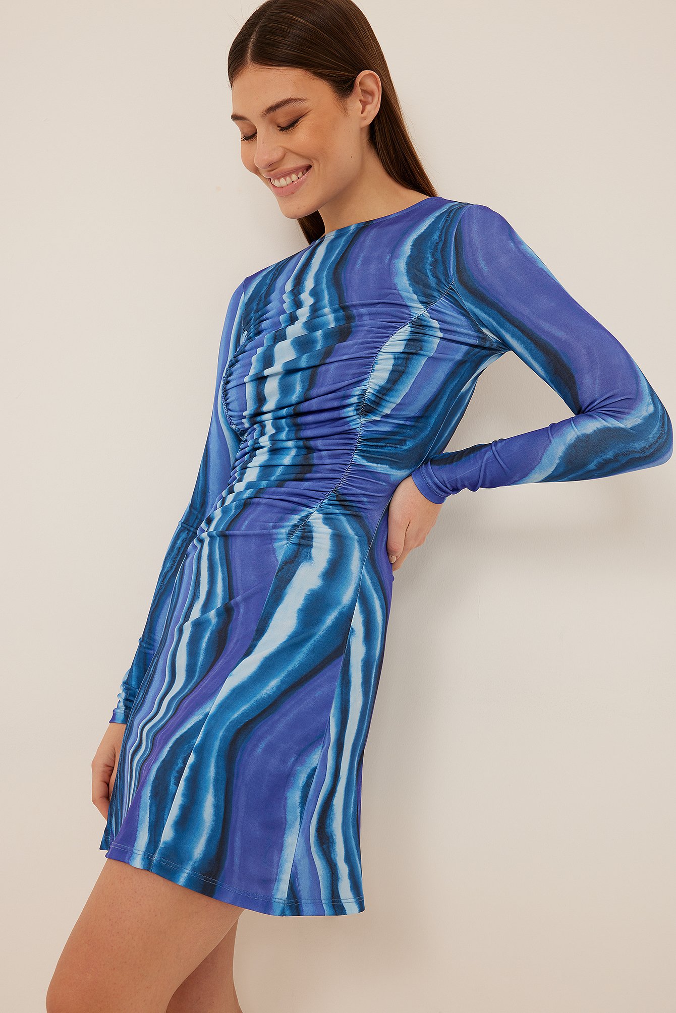 Swirl Blue Print Rouched Detail Long Sleeve Mini Dress