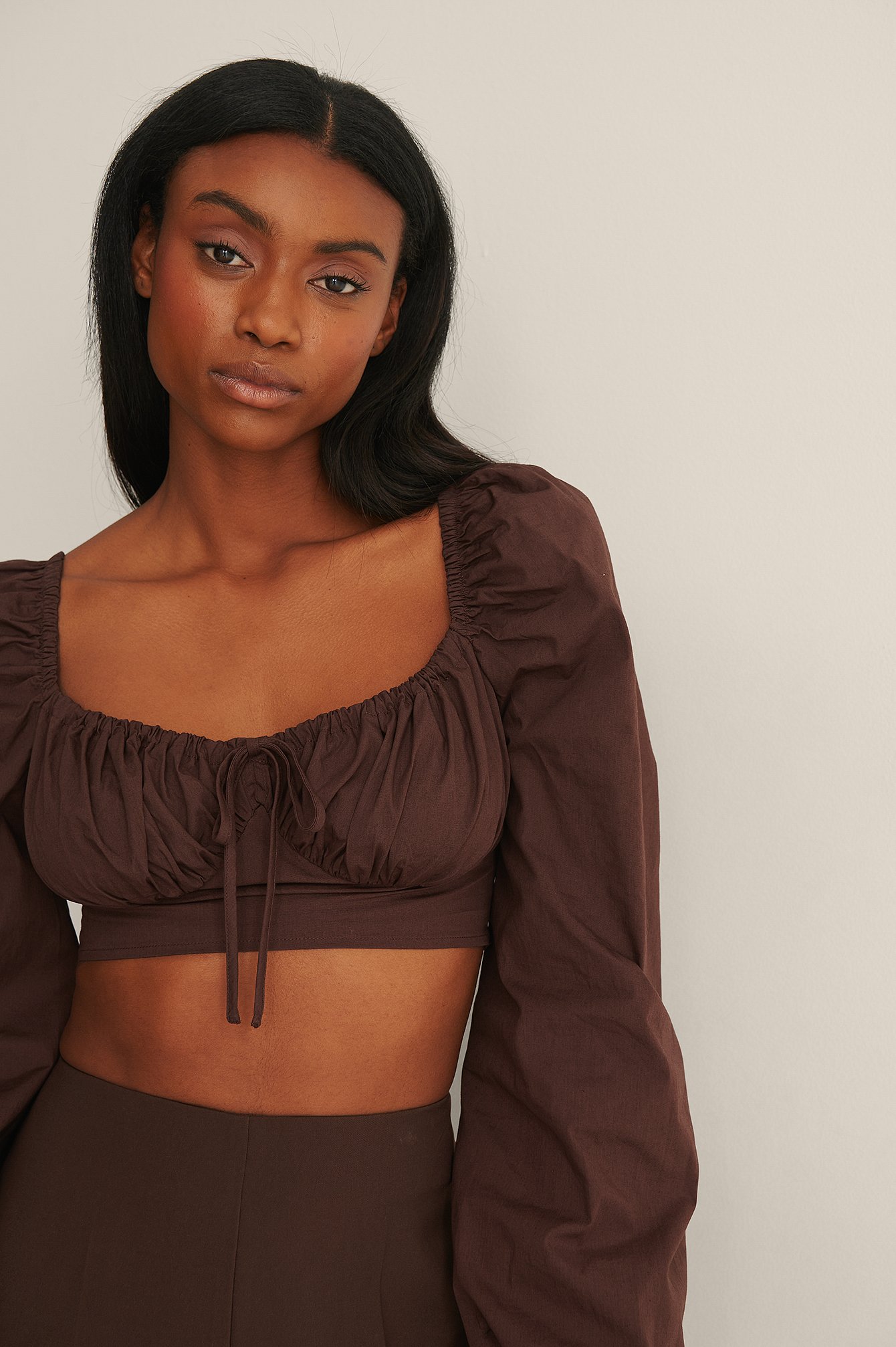 Brown Ruched Long Sleeve Cotton Blouse