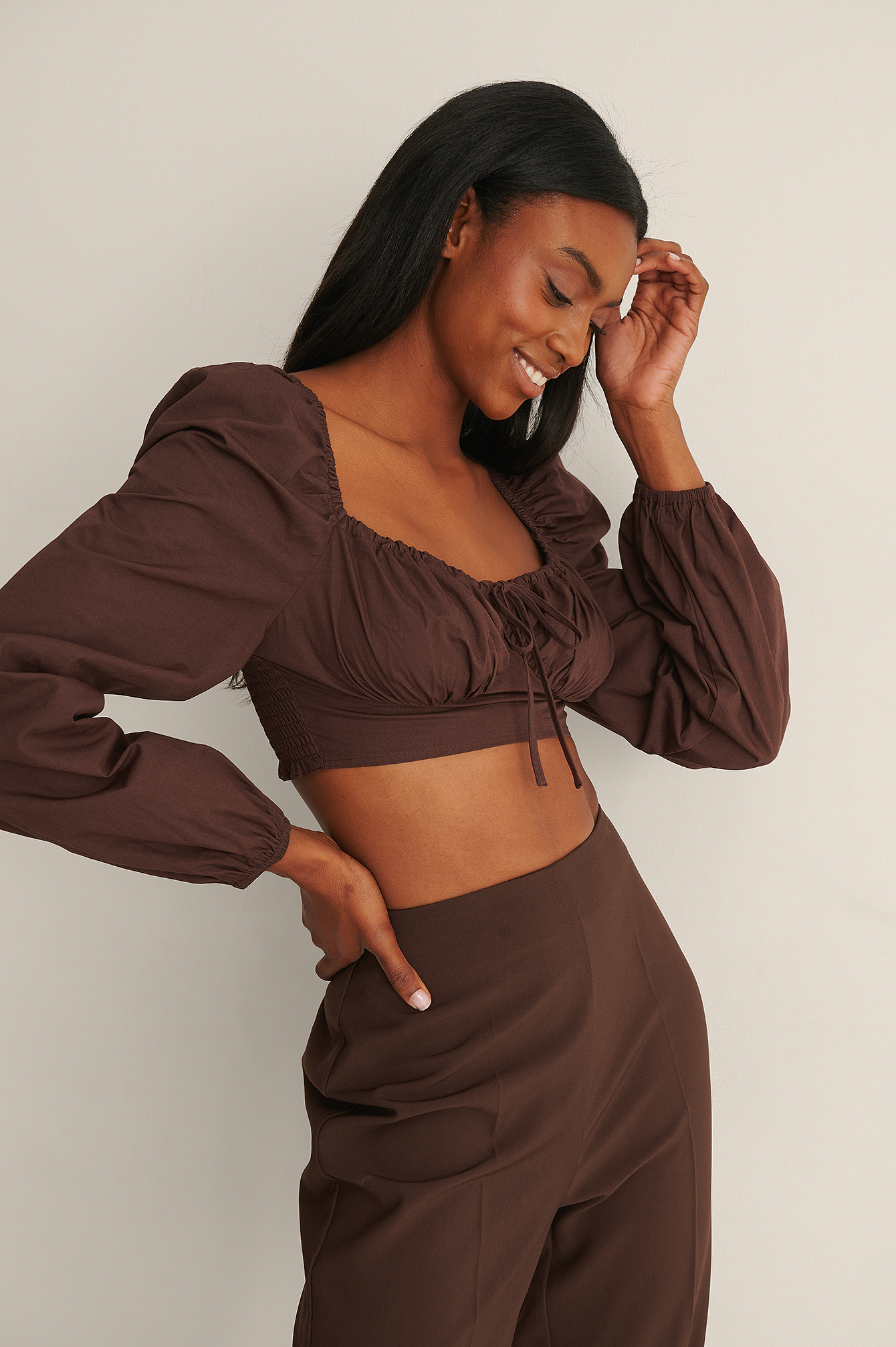 Ruched Long Sleeve Cotton Blouse White 