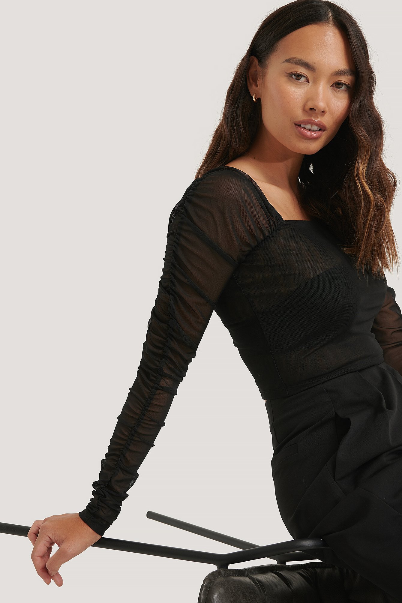 Black NA-KD Party Rouched Mesh Top