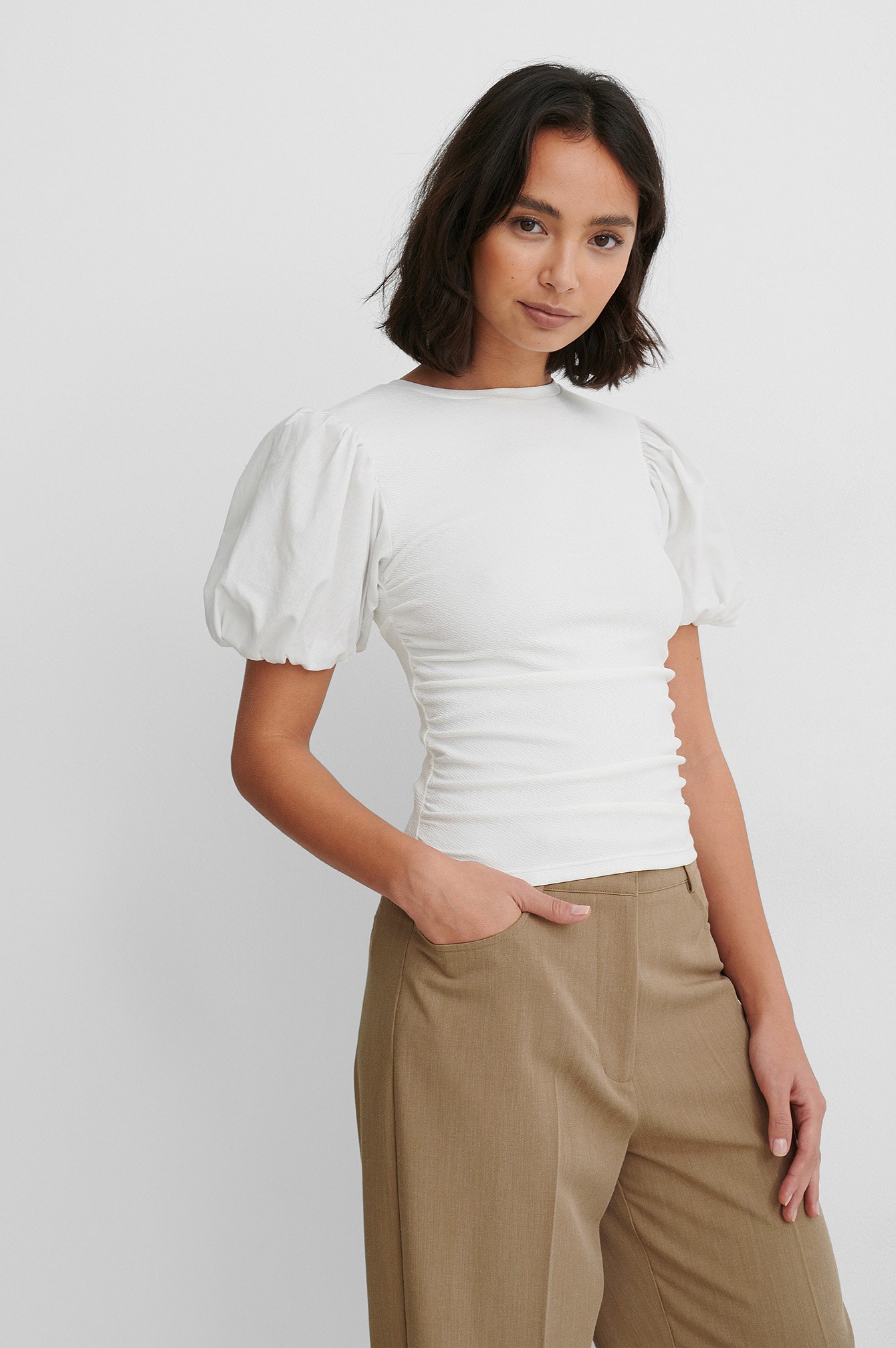 White Rouched Puff Sleeve Top