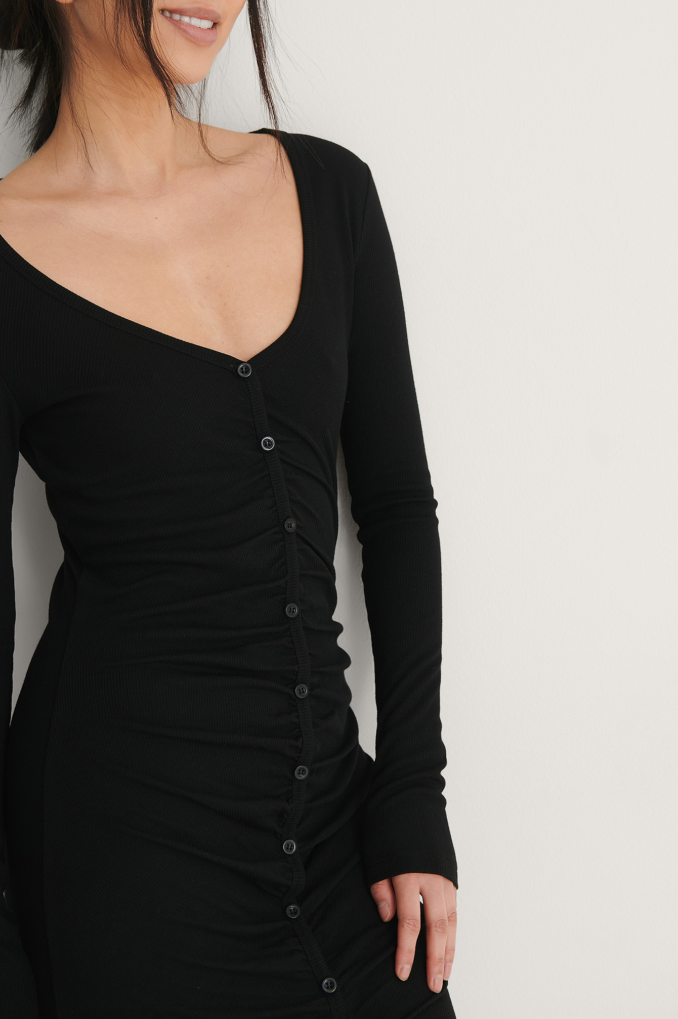 Recycled Rouched Ribbed Button Dress 
