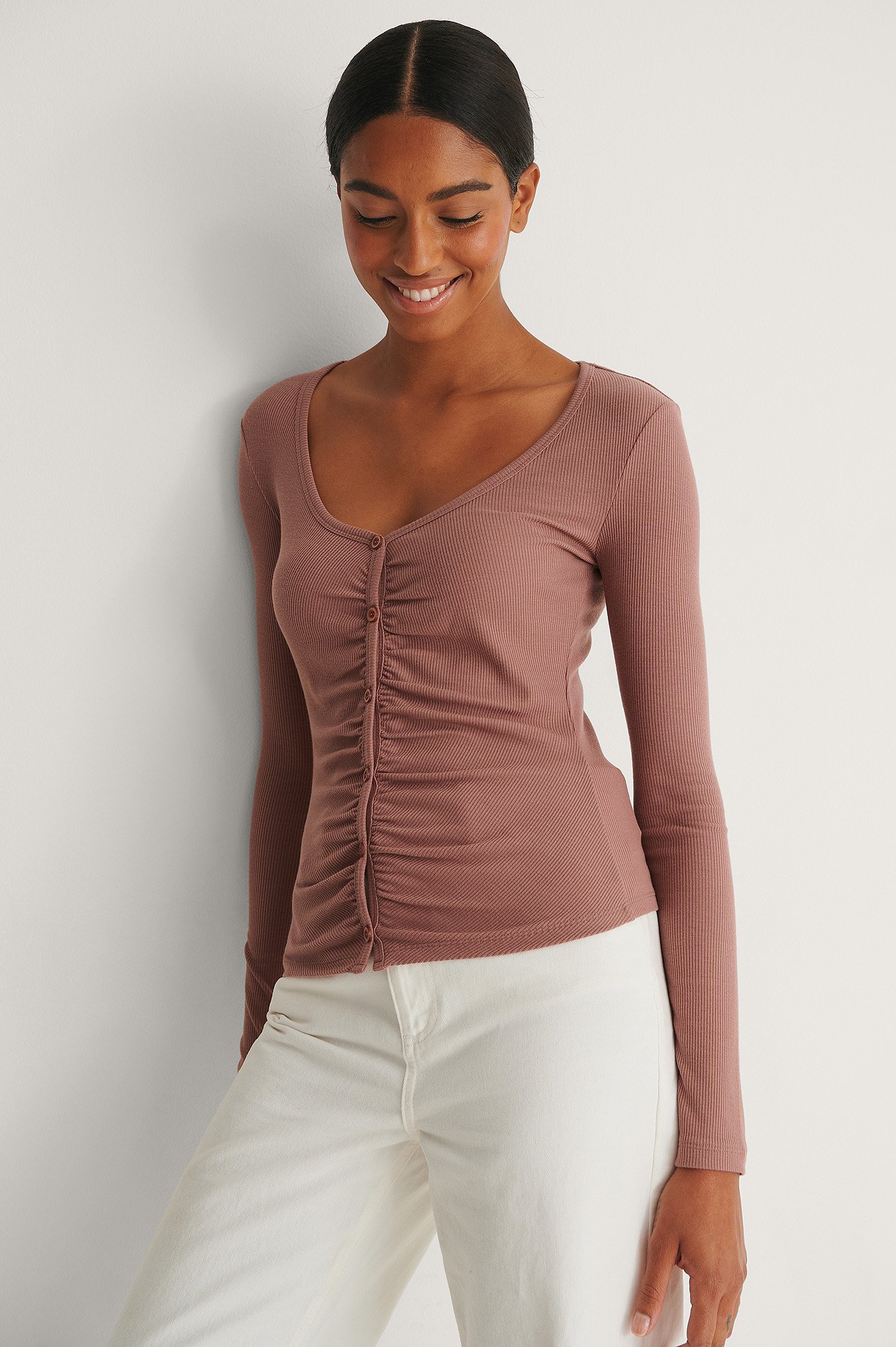 Dusty Dark Pink Rouched Ribbed Button Top