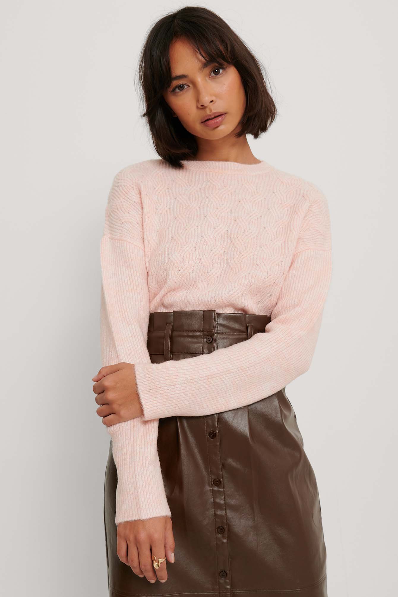 Pink Round Neck Cable Knitted Sweater