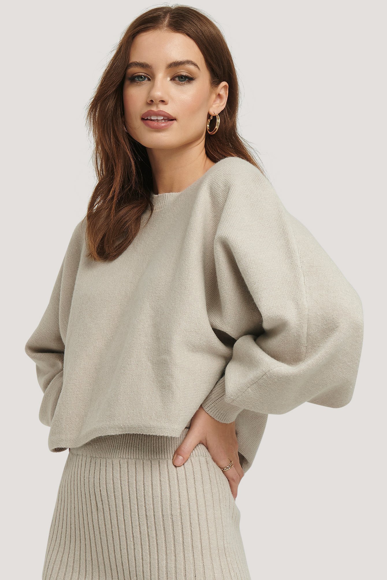 Beige Round Neck Cropped Knitted Sweater
