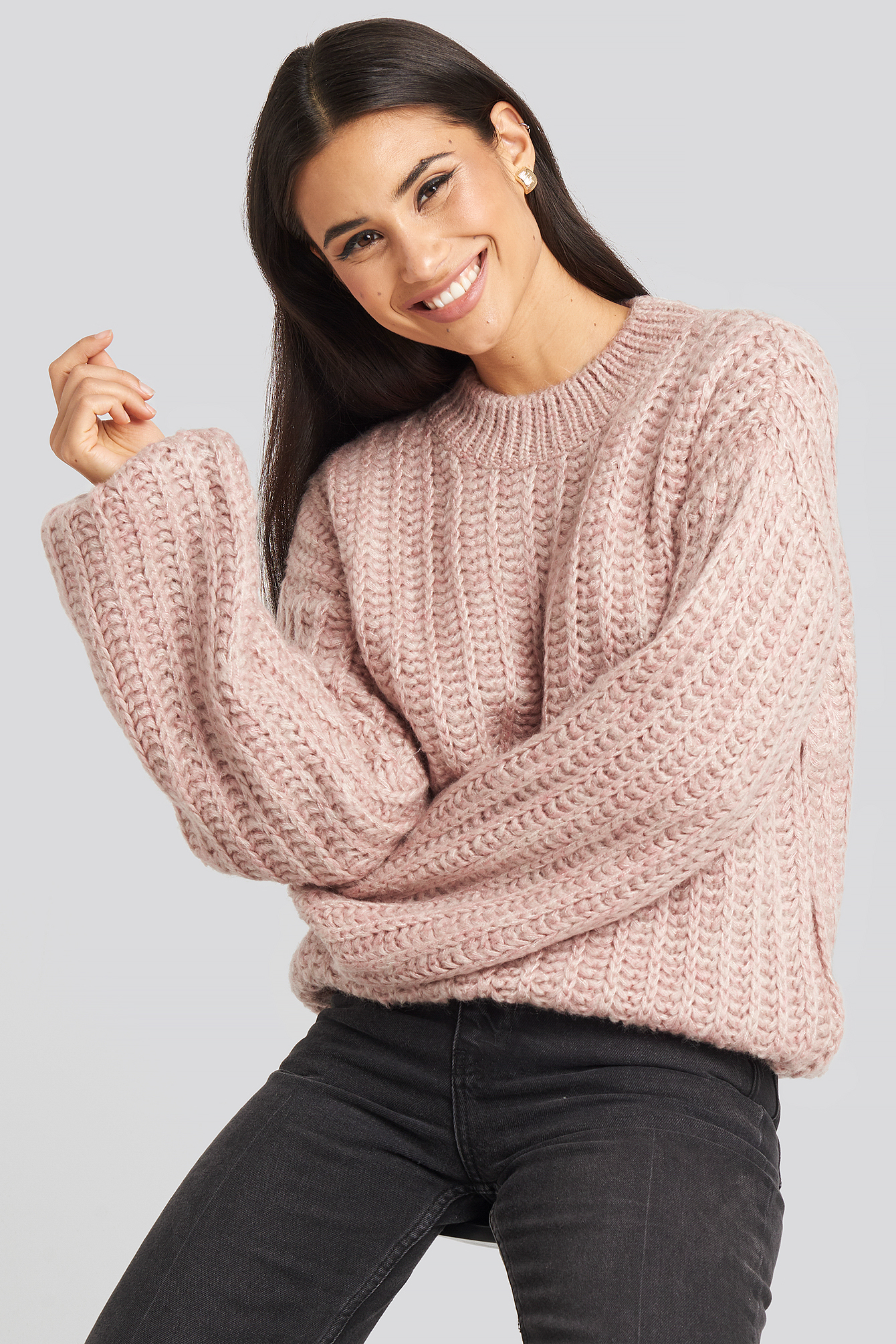 Round Neck Heavy Knit Sweater Dusty Light Pink