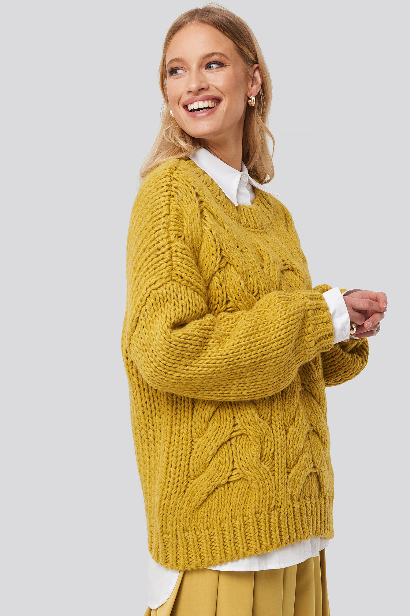 Mustard Wool Blend Round Neck Heavy Knitted Cable Sweater