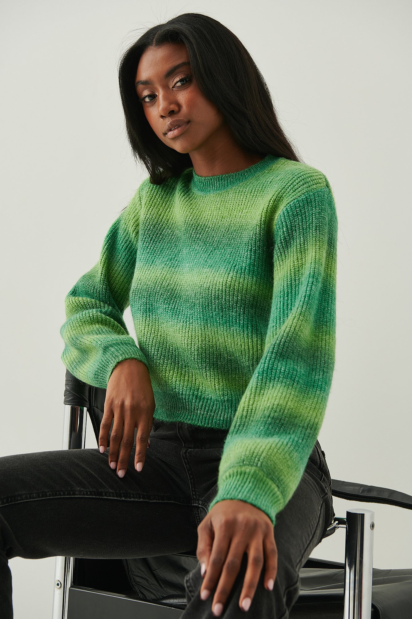 Green Mix Round Neck Knitted Faded Stripe Sweater