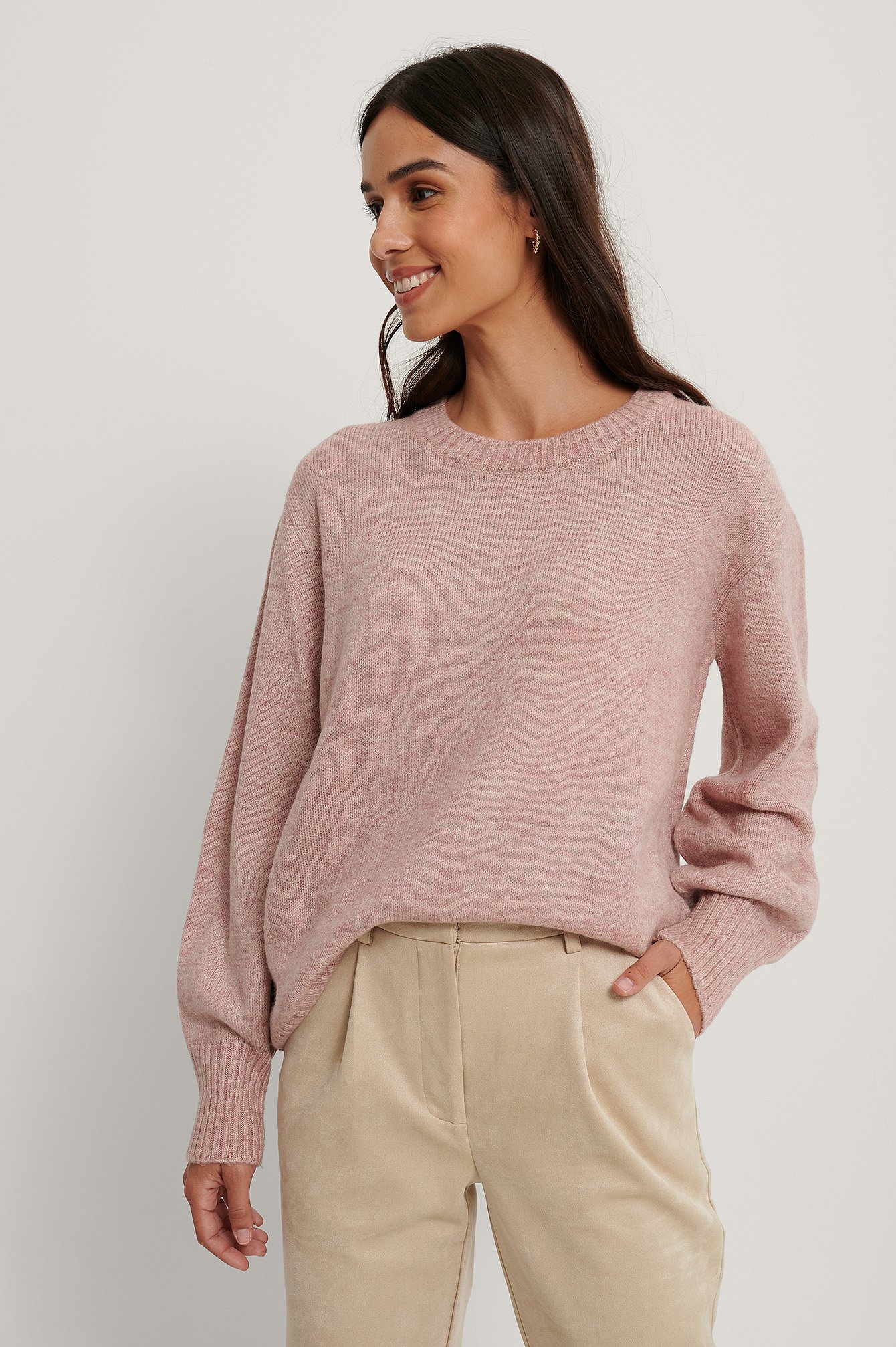 Pink Melange Round Neck Knitted Sweater