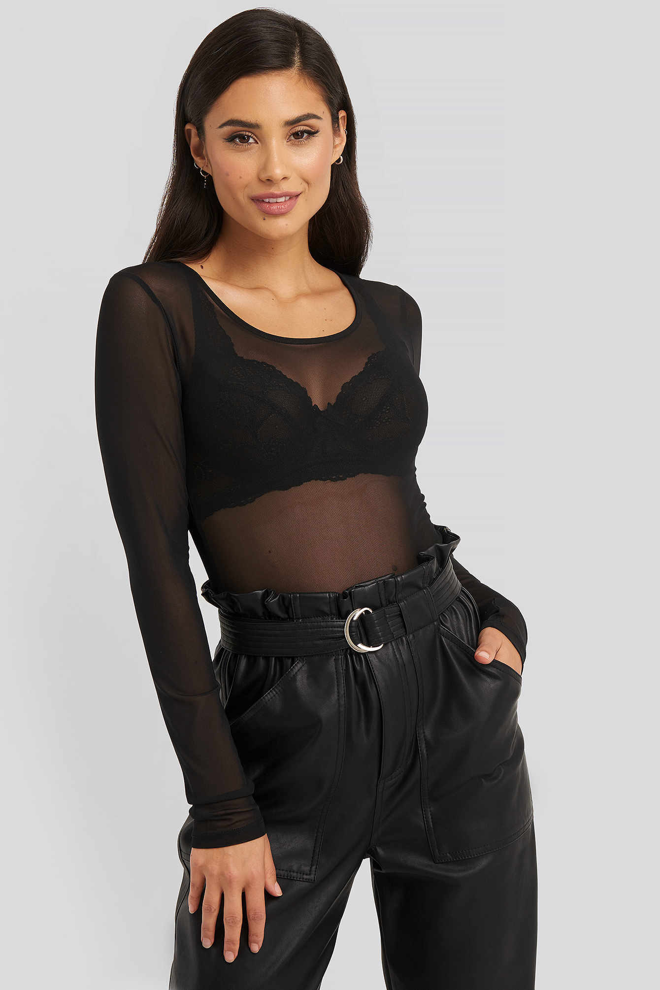 Deep Round Neck Mesh Top Black