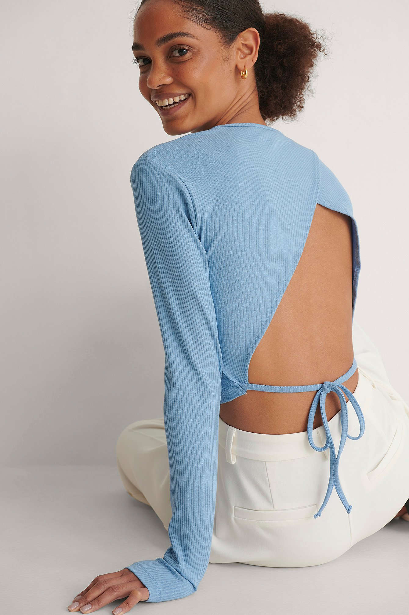 Blue Round Neck Open Back Top