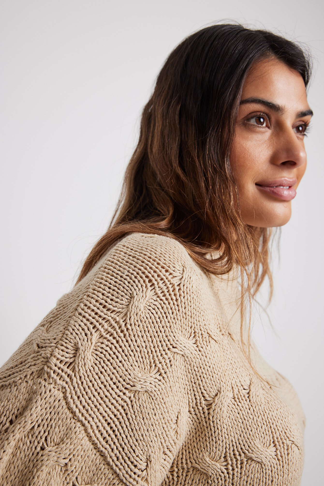 Beige Round Neck Oversized Knitted Detail Sweater