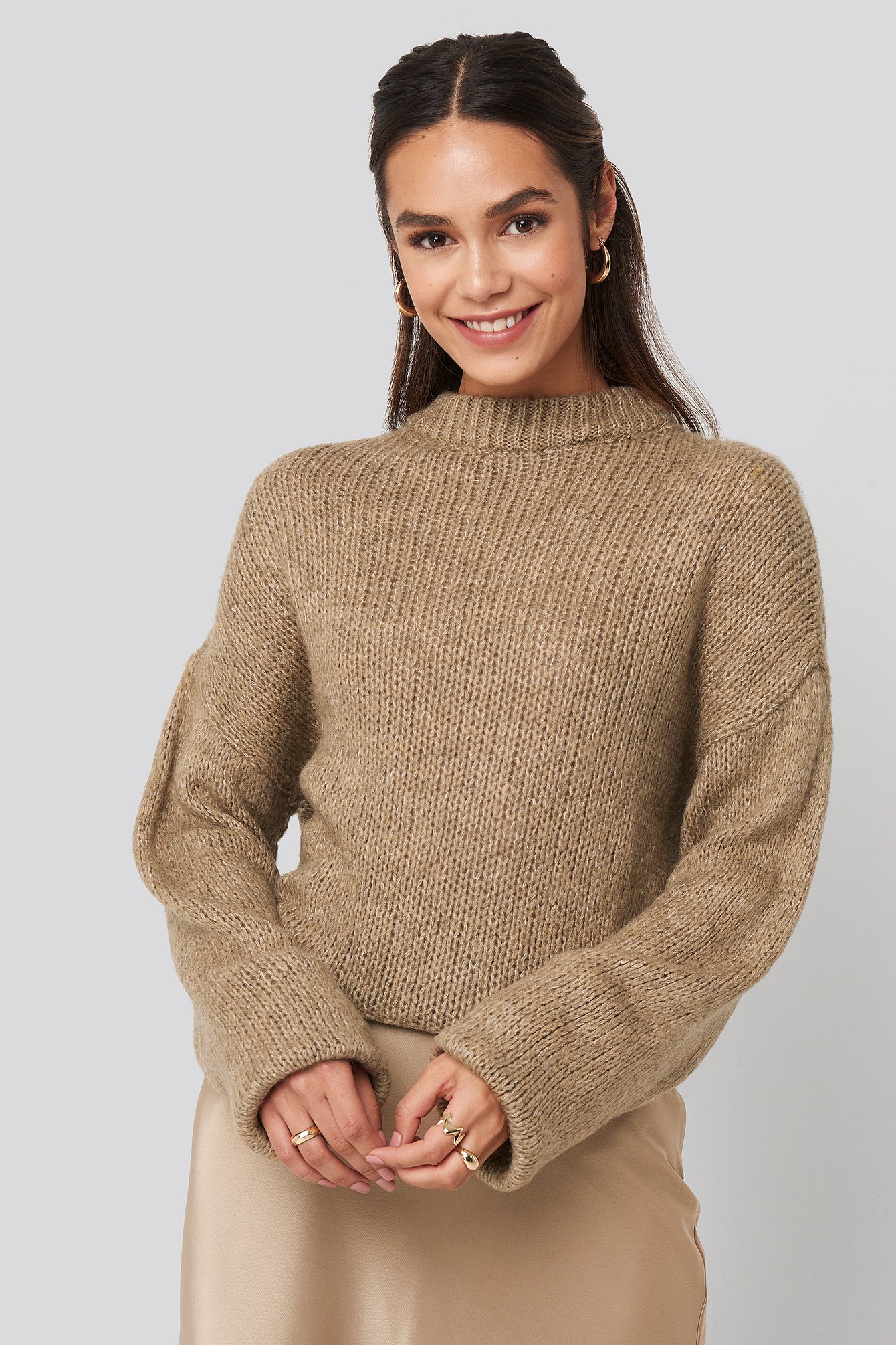 Beige Round Neck Oversized Knitted Sweater
