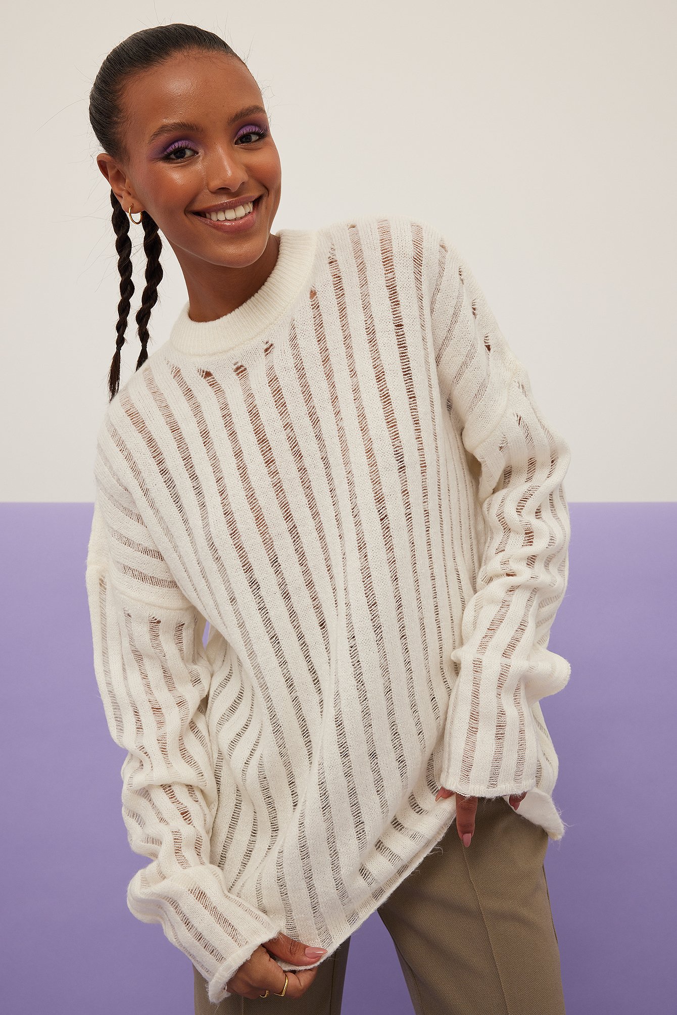 NA-KD Trend Round Neck Oversized Sweater - Offwhite