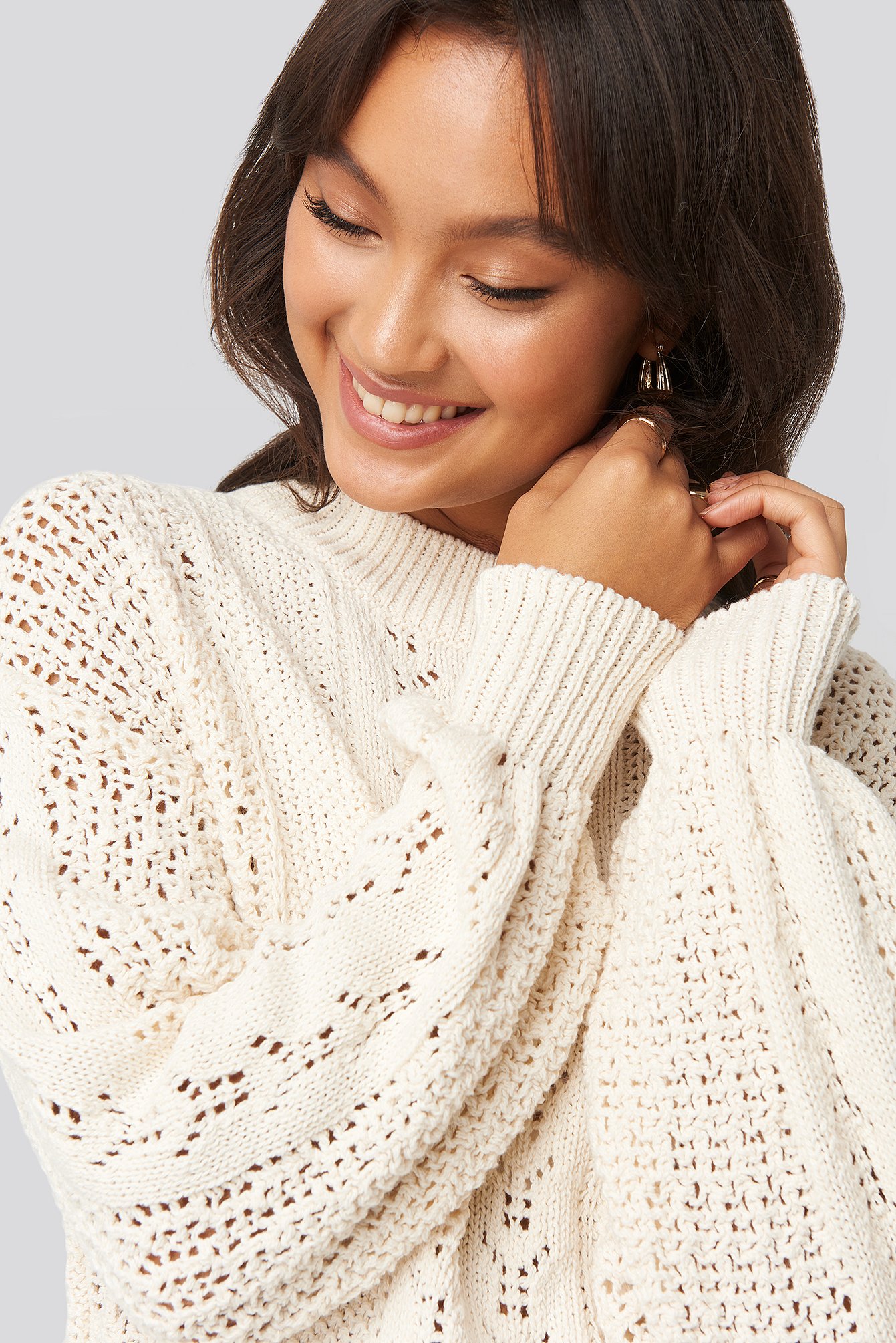 Round Neck Pointelle Sweater White | NA-KD