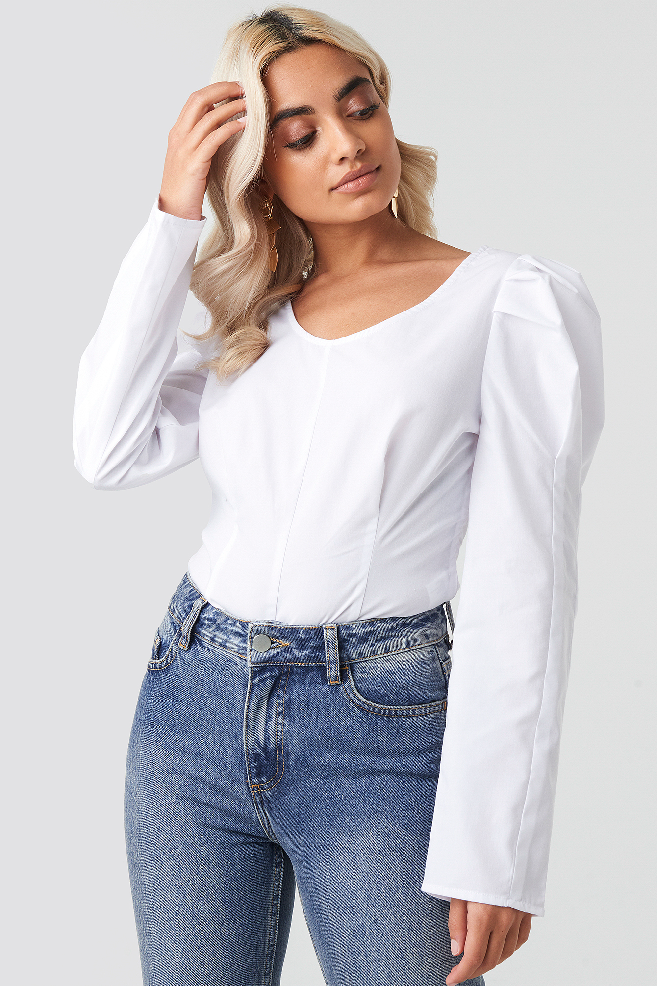 Round Neck Puff Sleeve Blouse White 