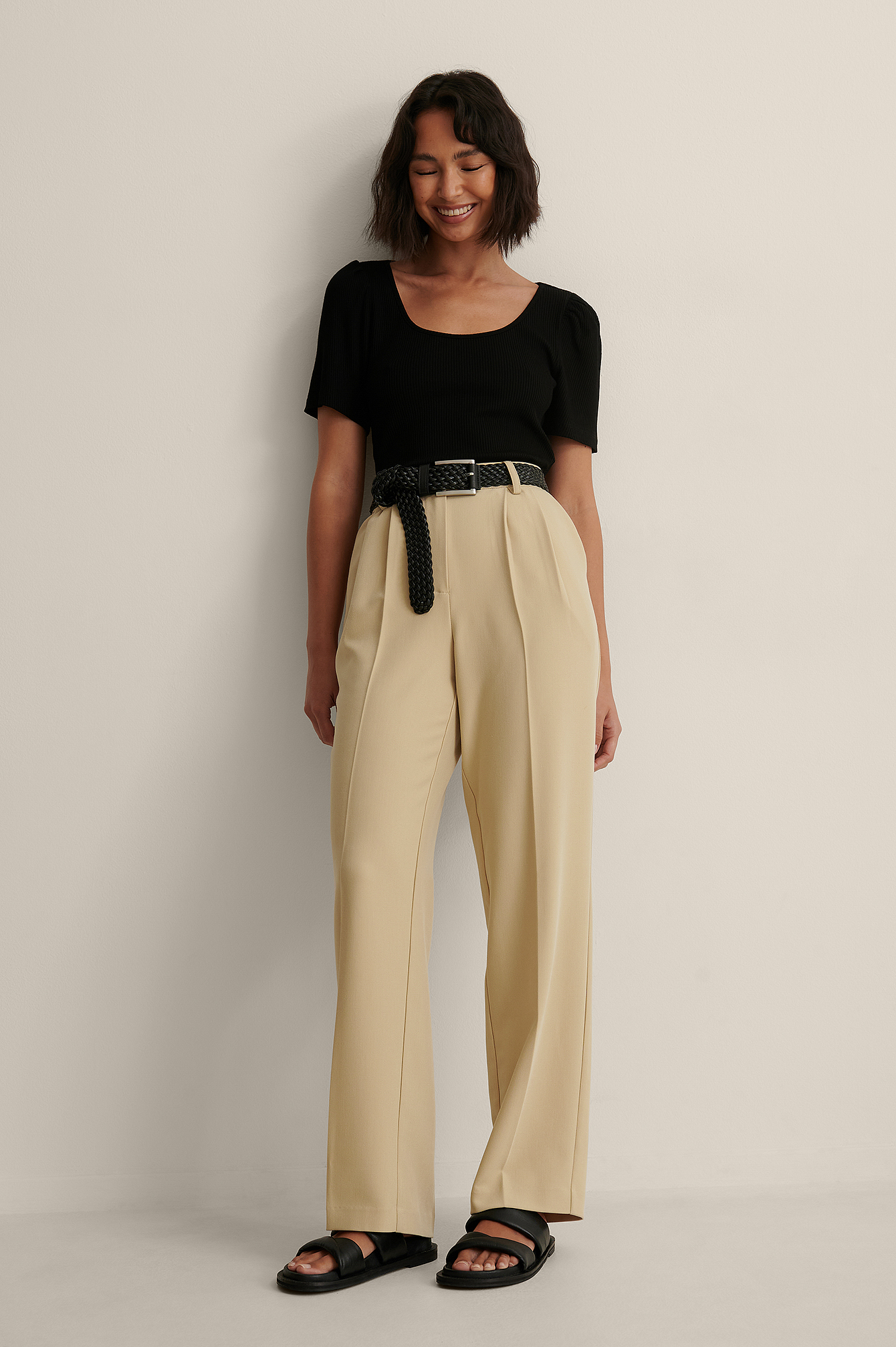 Round Neck Puff Sleeve Rib Top Black 