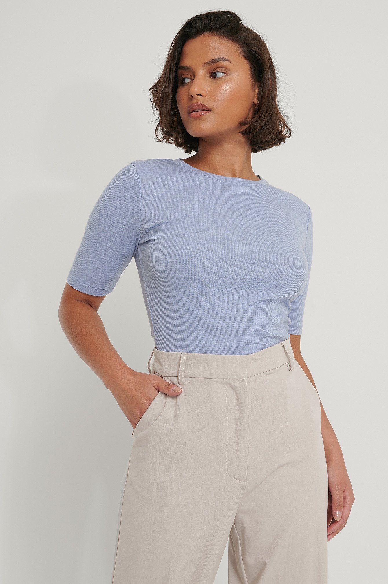 Stone Blue Round Neck Ribbed Top