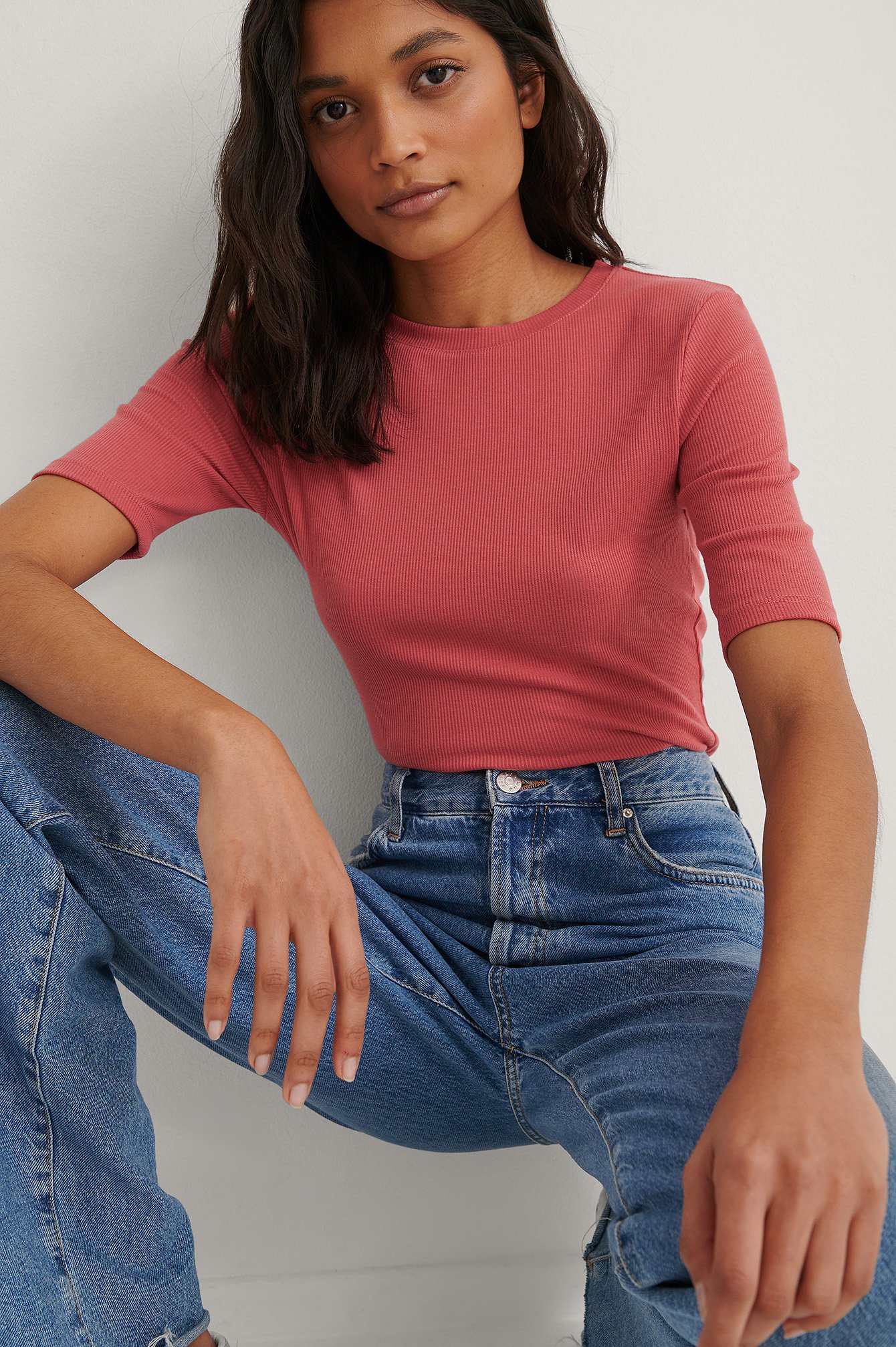 Round Neck Ribbed Top Red | NA-KD