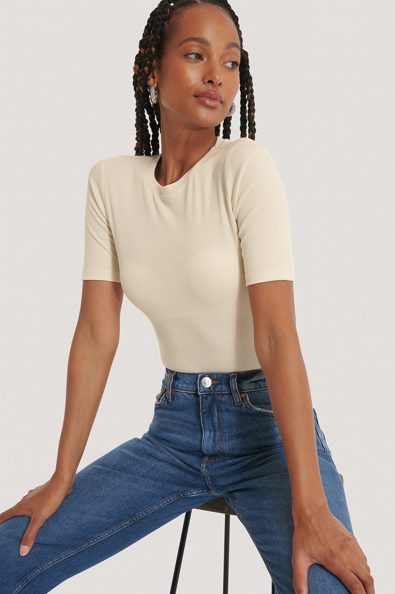 Round Neck Ribbed Top Beige | NA-KD
