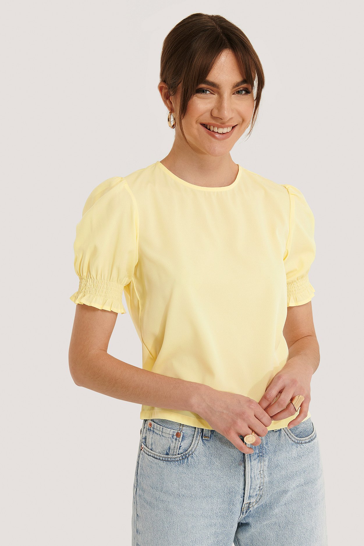 Light Yellow NA-KD Boho Round Neck Shirred Sleeve Top