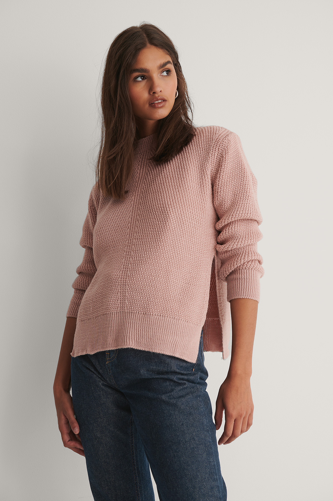 Round Neck Side Slit Knitted Sweater 