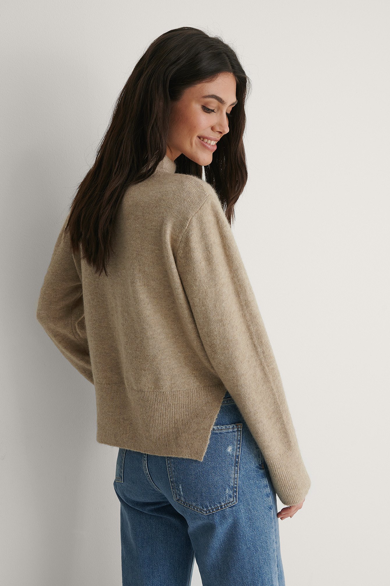 Beige Round Neck Side Slit Knitted Sweater