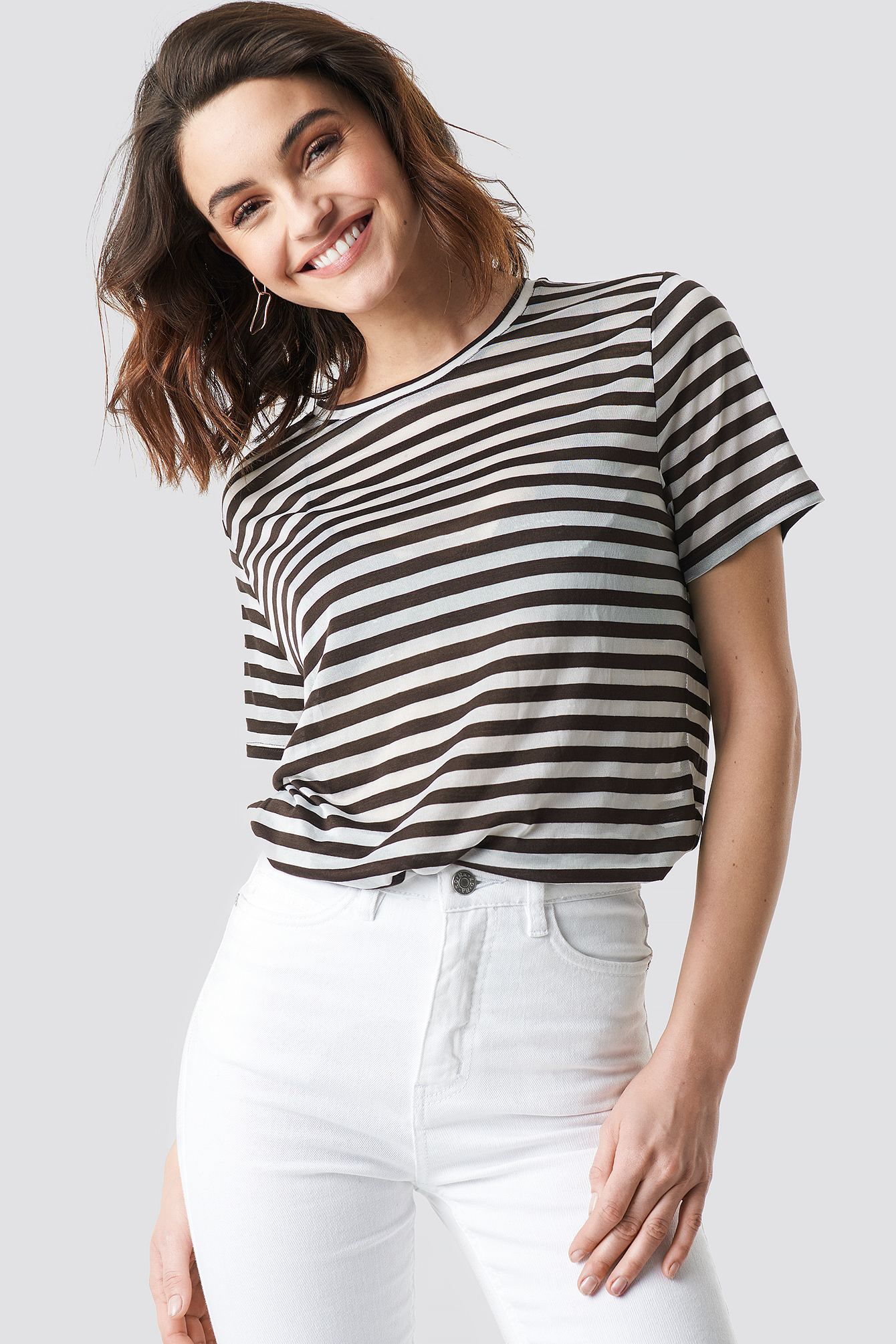 Round Neck Striped T-Shirt Brown