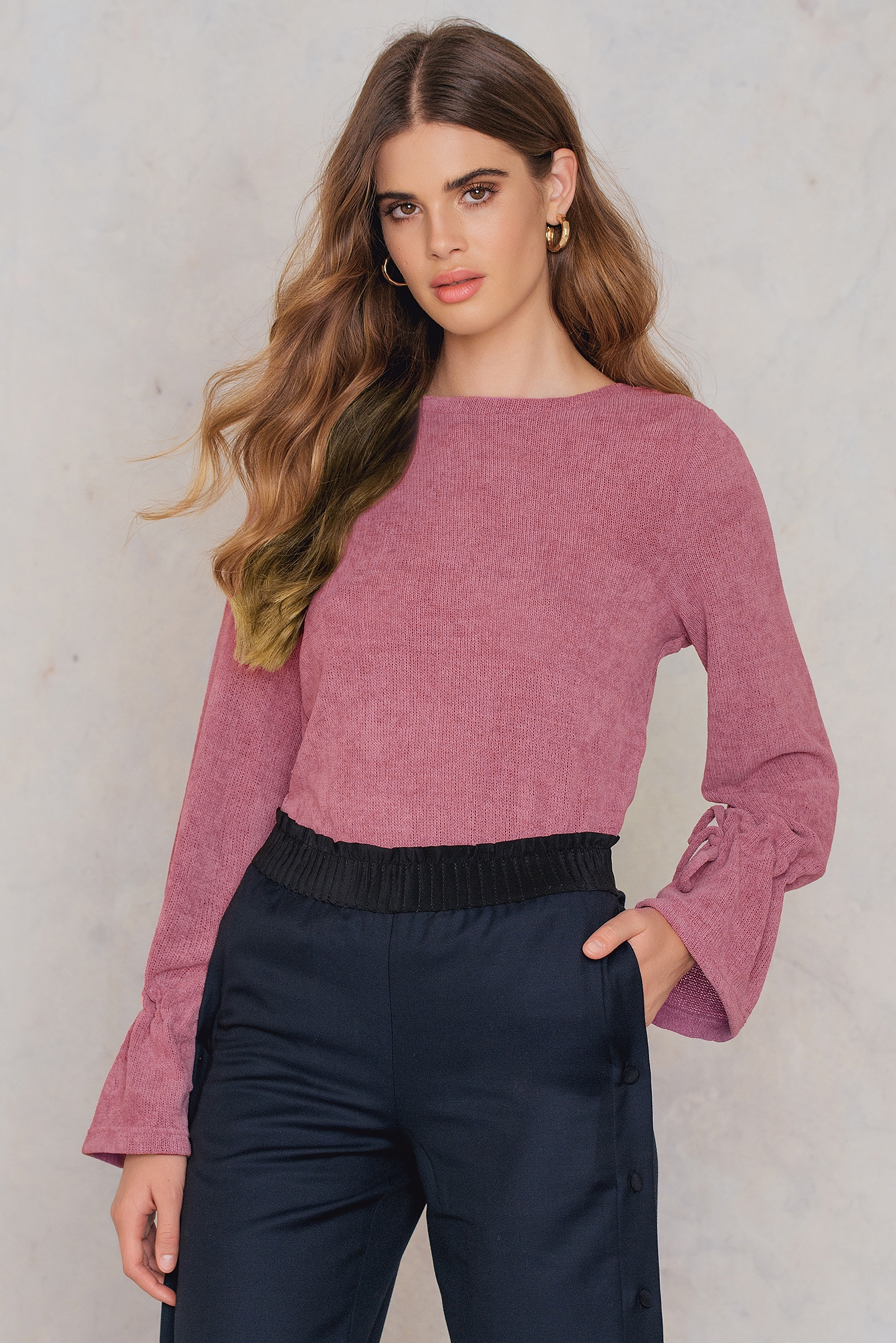 Round Neck Tied Sleeve Sweater Purple Rose NAKD