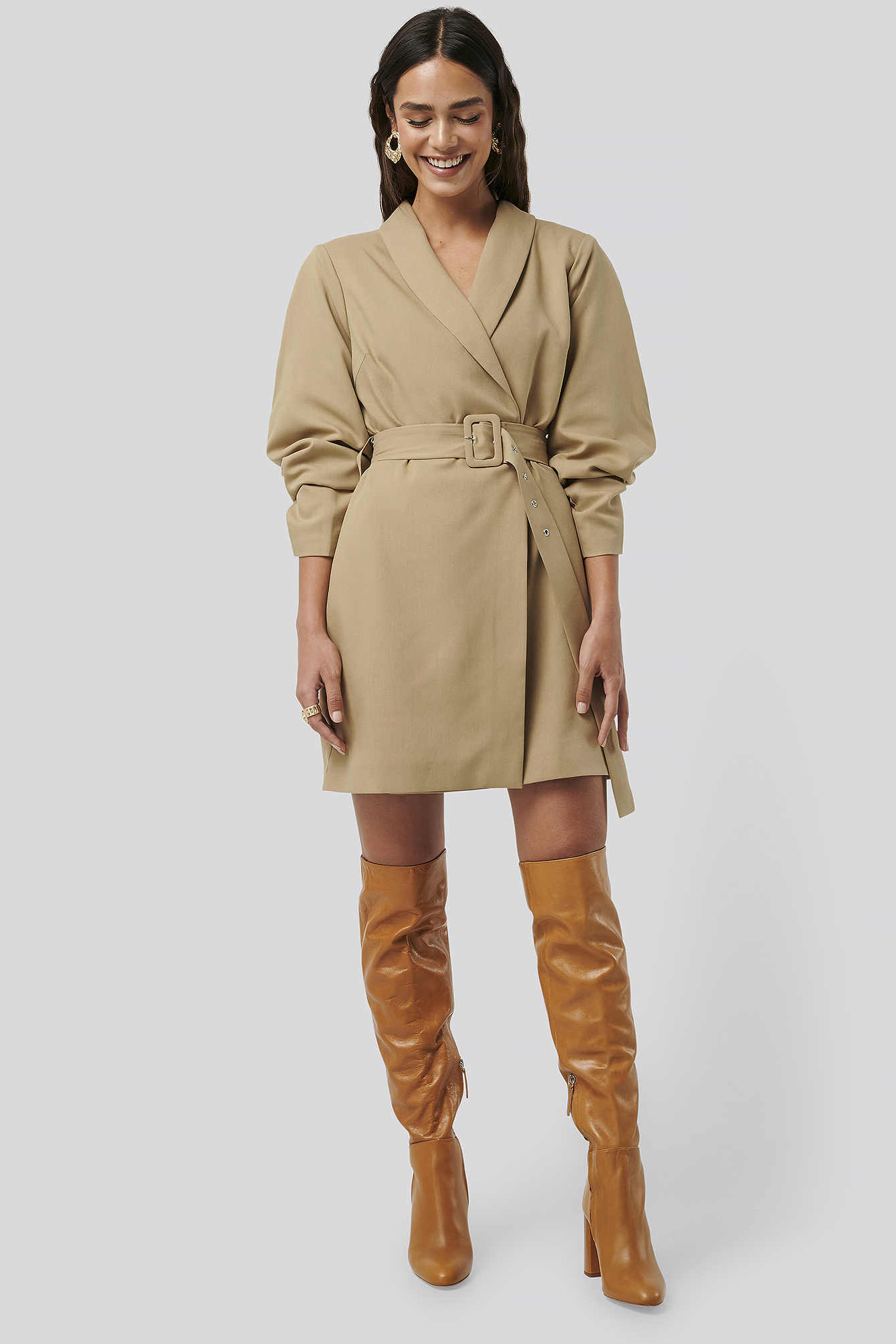 Rounded Sleeve Blazer Dress Beige