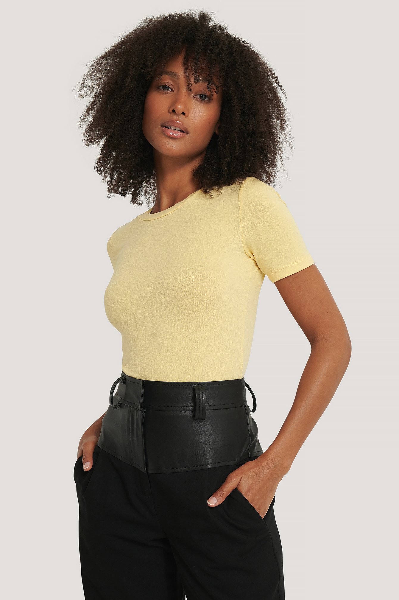 Light Yellow Roundneck Tight Fit Basic T-Shirt