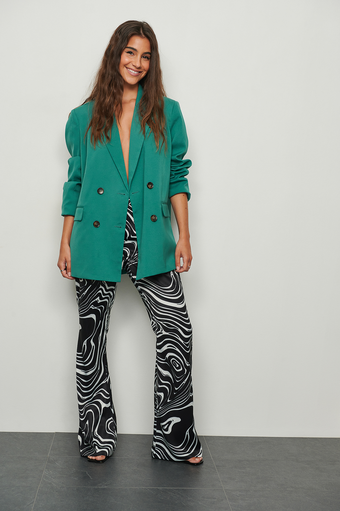 Black Print Recycled Satin Flared Suit Pants
