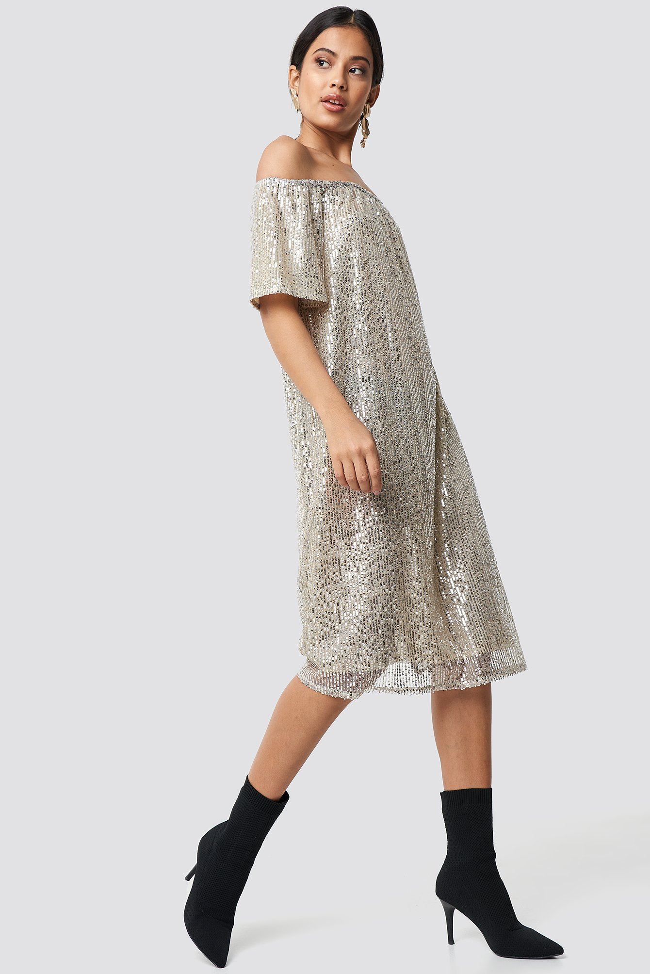 Ruched Off Shoulder Sequins Dress Silver Na Kd Com Ruched Off Shoulder Sequins Dress Silver Na Kd Com