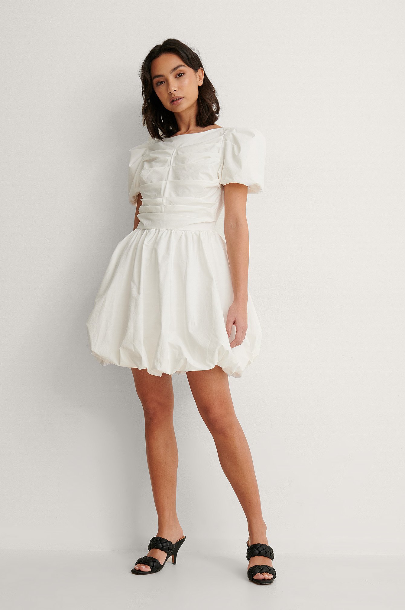 White Ruched Puff Sleeve Mini Dress
