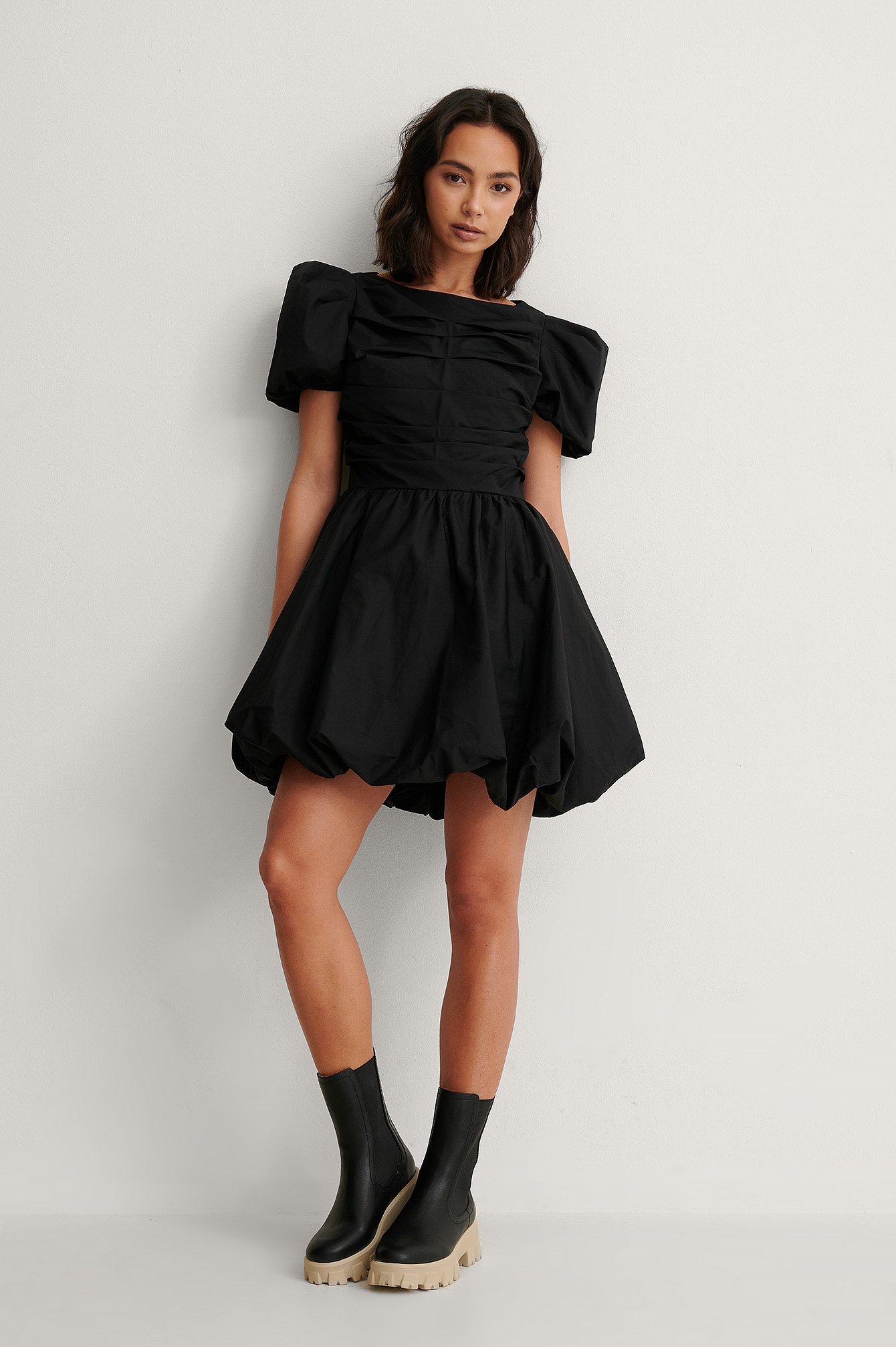 Ruched Puff Sleeve Mini Dress Black 