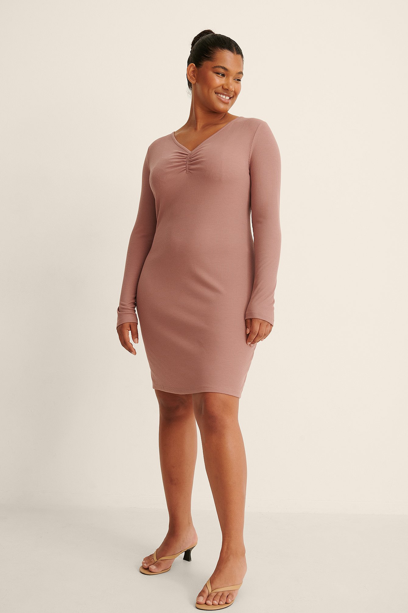 Dusty Dark Pink Recycled Ruched Rib Dress