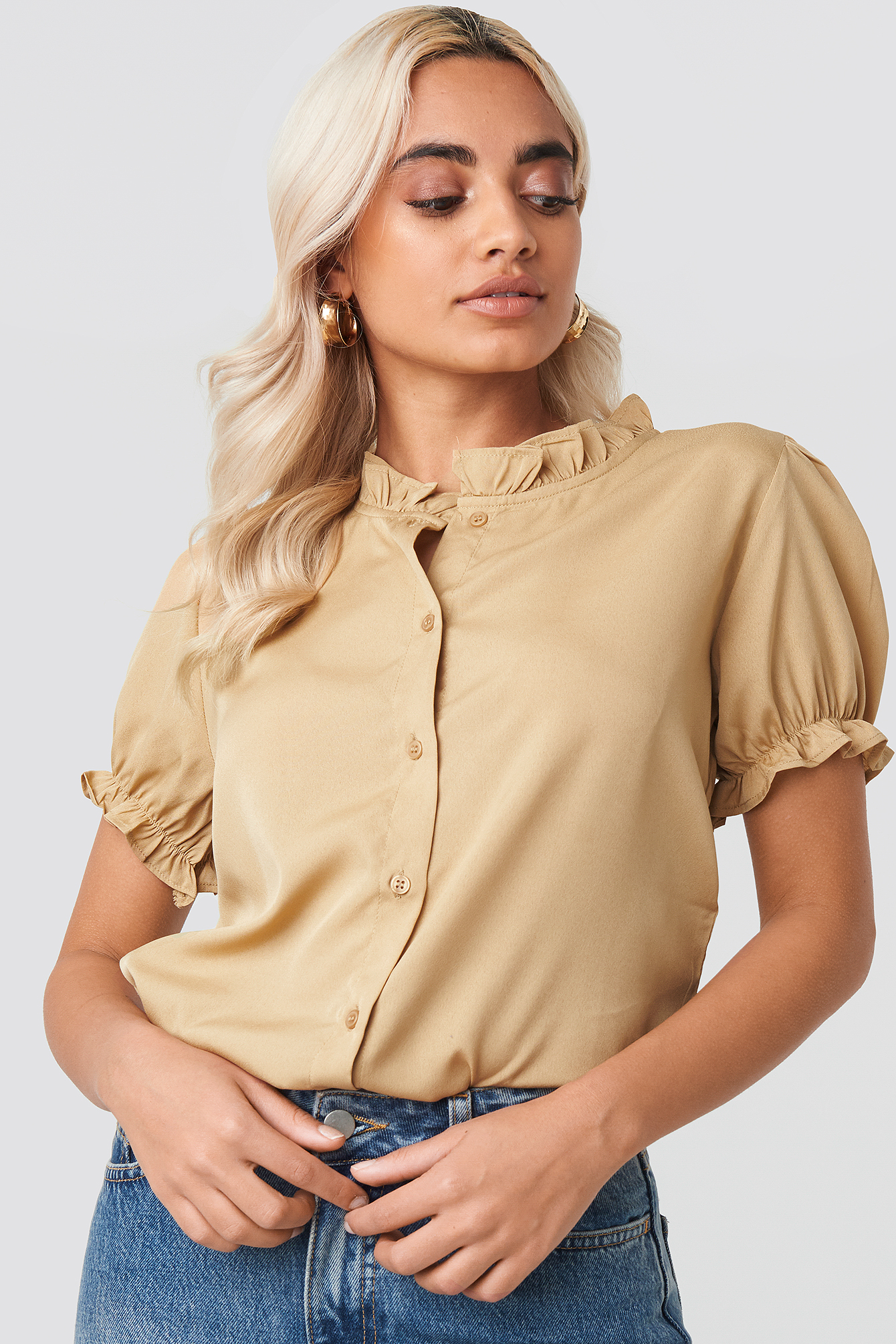 Ruffle Detail Button Blouse Beige | NA-KD