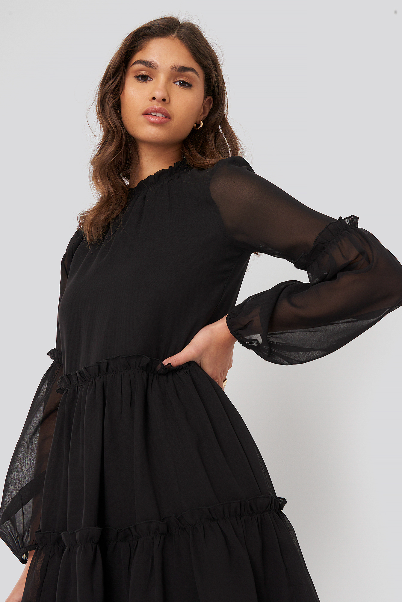 Ruffle Detail Chiffon Dress Black