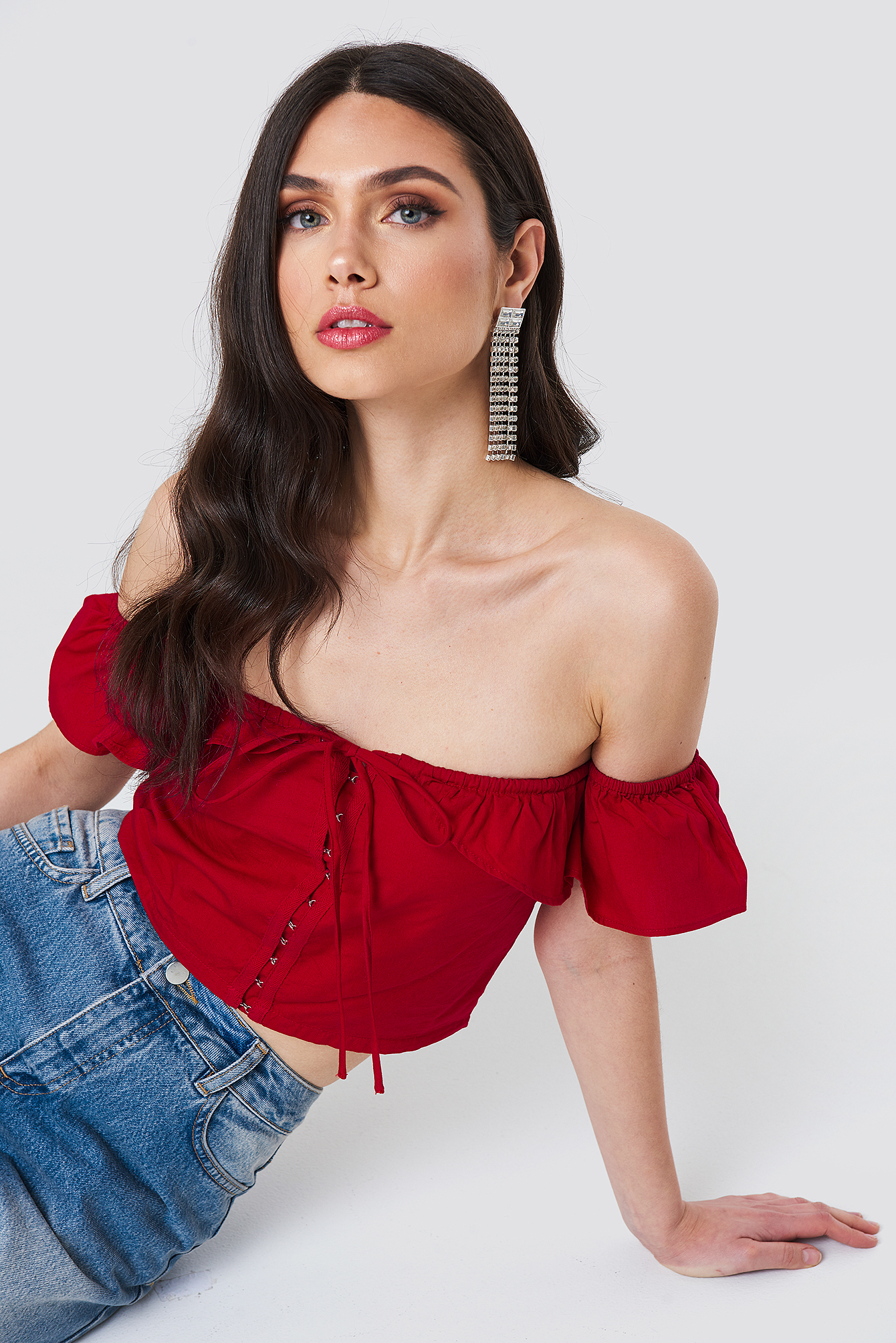 Ruffle Detail Off Shoulder Crop Top Red