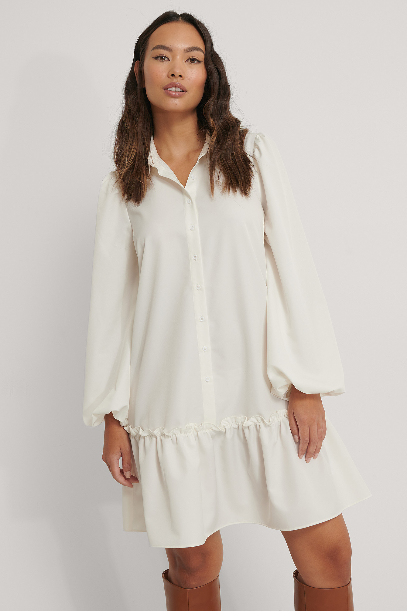 Ruffle Hem Shirt Dress Offwhite