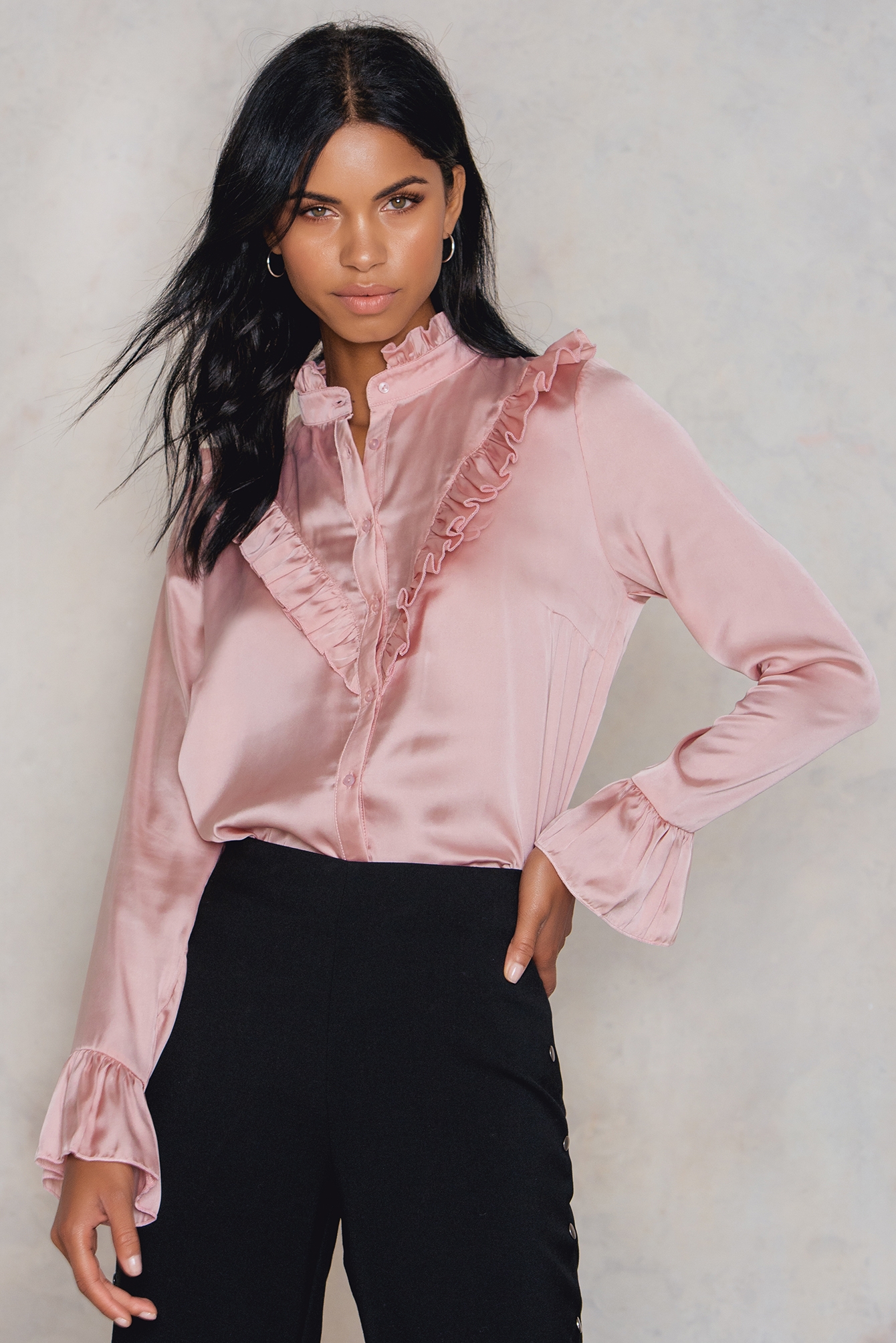 Ruffle Satin Shirt Pink | na-kd.com
