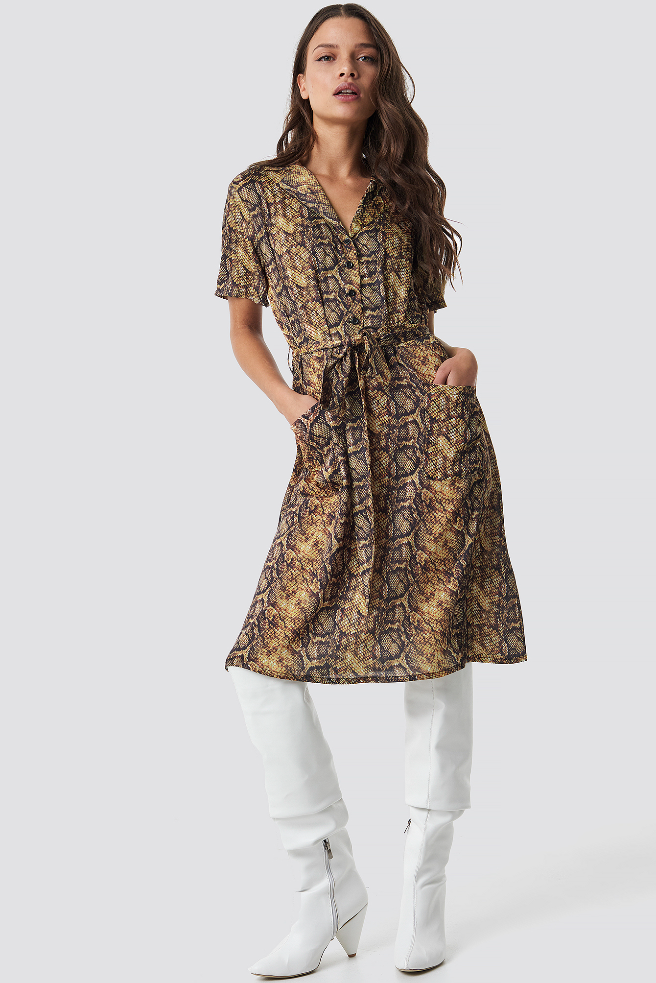 Snake Print Belt Satin Dress Snake